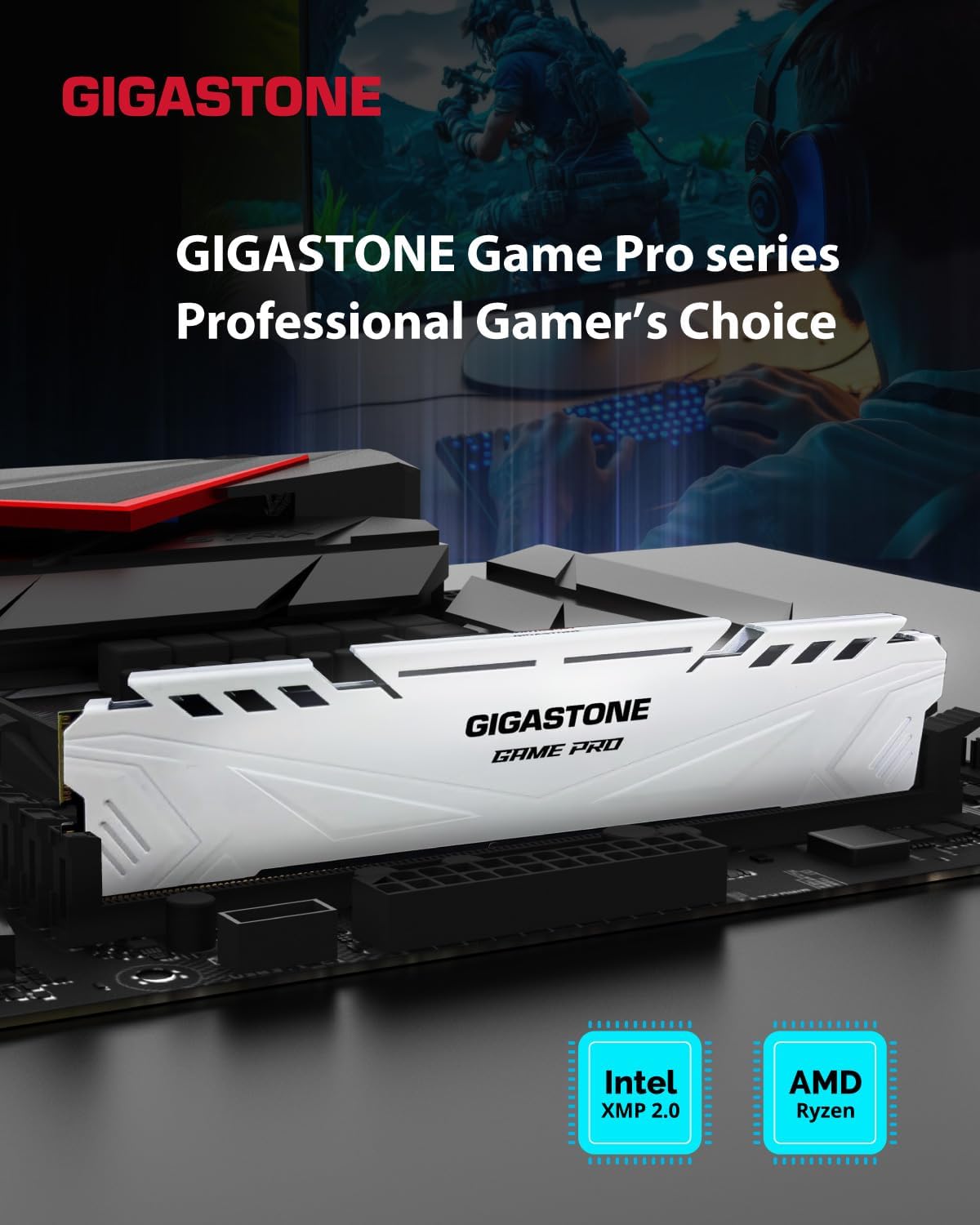 Detalle 2 de GIGASTONE Game PRO 32GB (2x16GB) DDR4 3200MHz UDIMM – White
