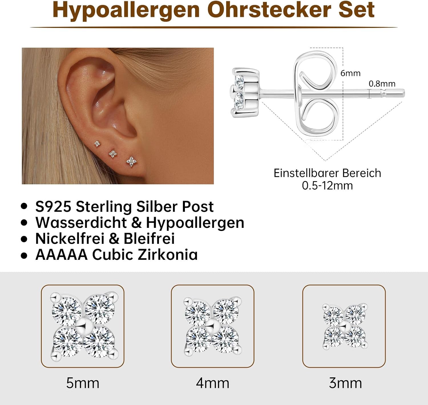 Detalle 2 de HEEYA 3 Paar Ohrstecker Blumen 925 Silber