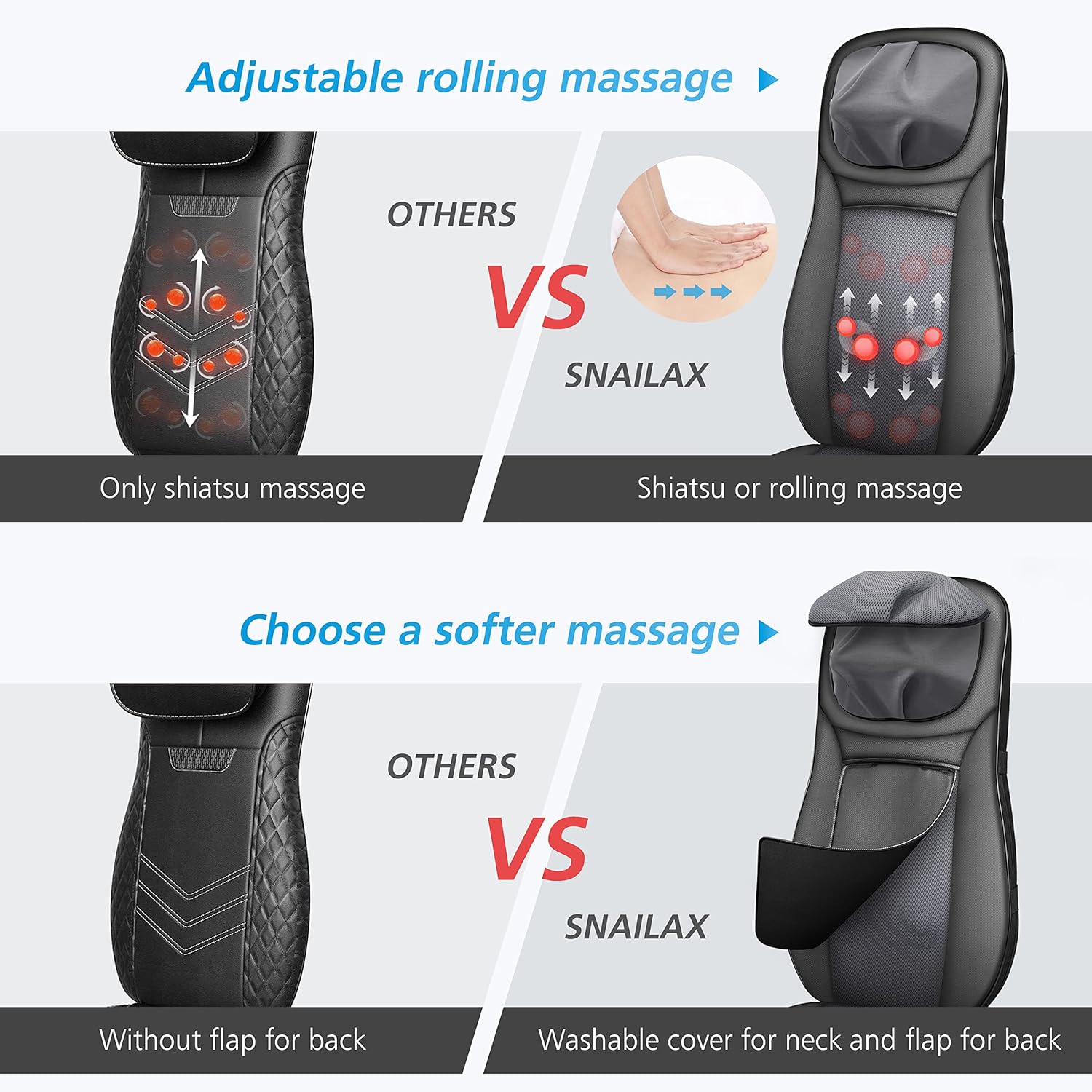 Detalle 2 de Snailax Fauteuil Massant Shiatsu Coussin de Massage Dos avec Chaleur – Massage du cou et du dos, confort bureau et maison