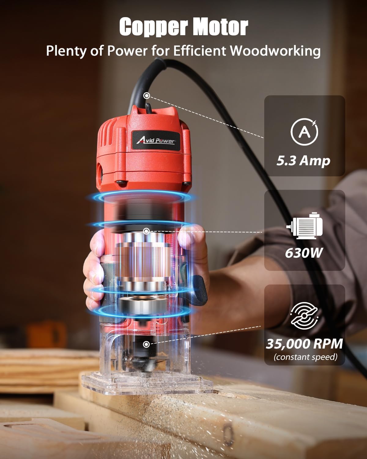 Detalle 2 de AVID POWER 630W Compact Wood Router, 35,000 RPM, 1/4" Collet