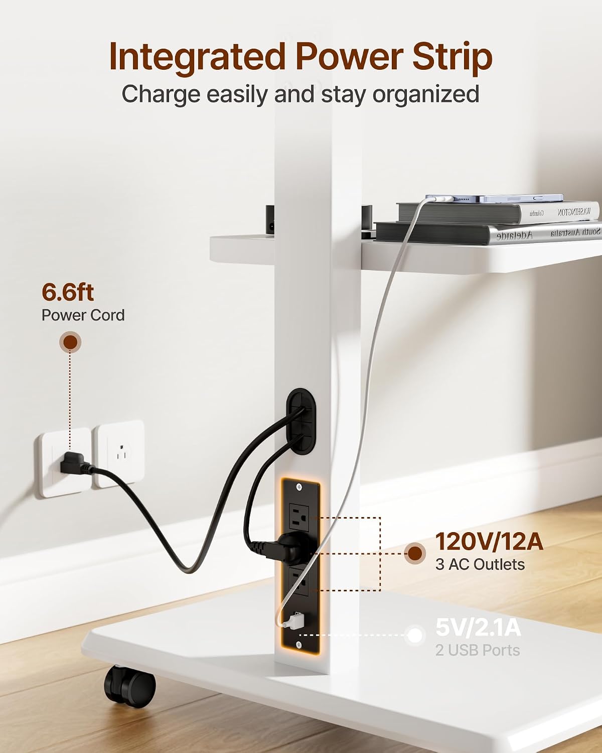 Thumbnail 1 de ECOTINY HW1275WH Rolling TV Stand, 32–75-Inch, Power Outlet, White
