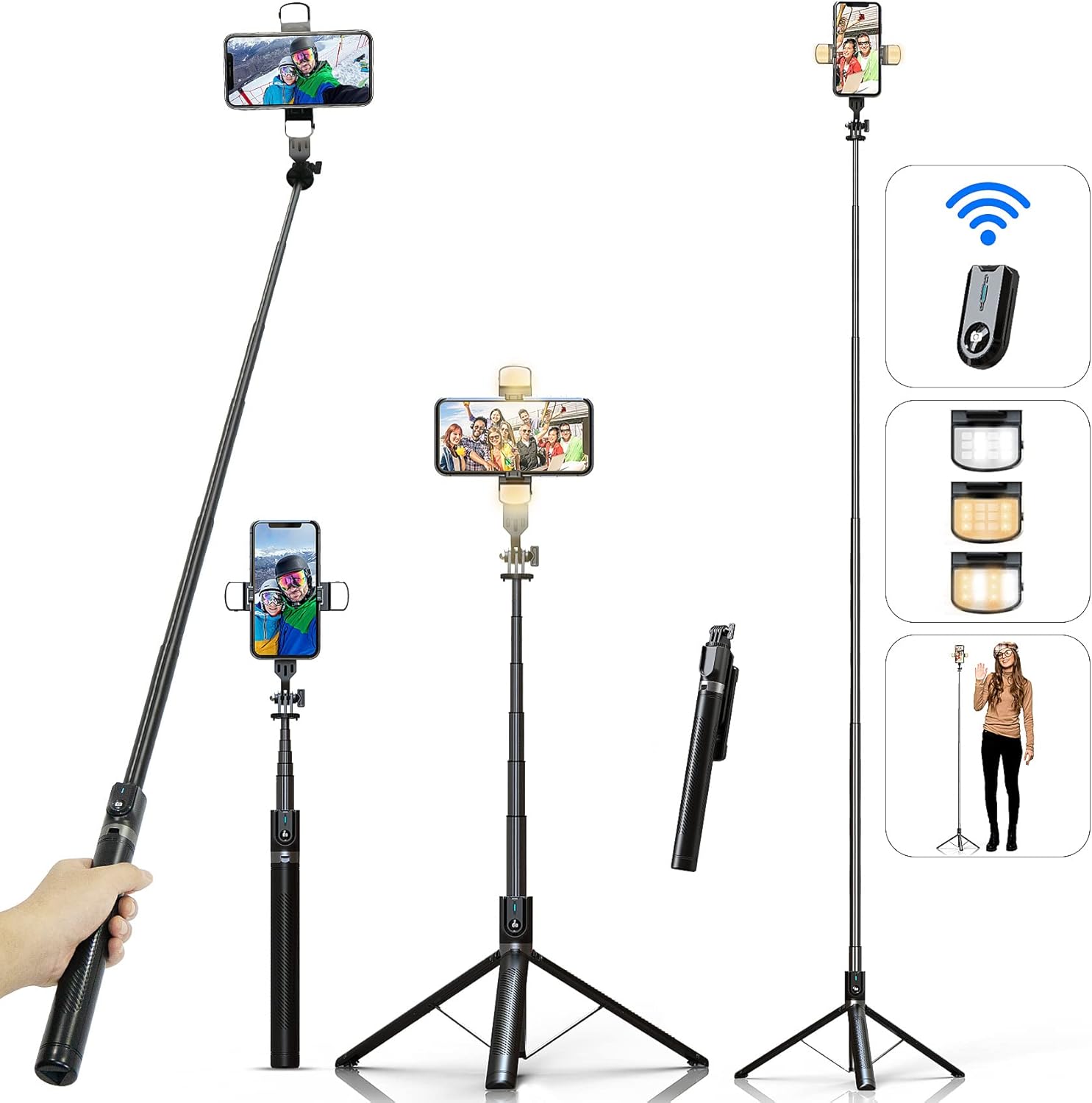 Detalle de ASHINER 180cm Selfie Stick Phone Tripod with Remote and LED Fill Lights