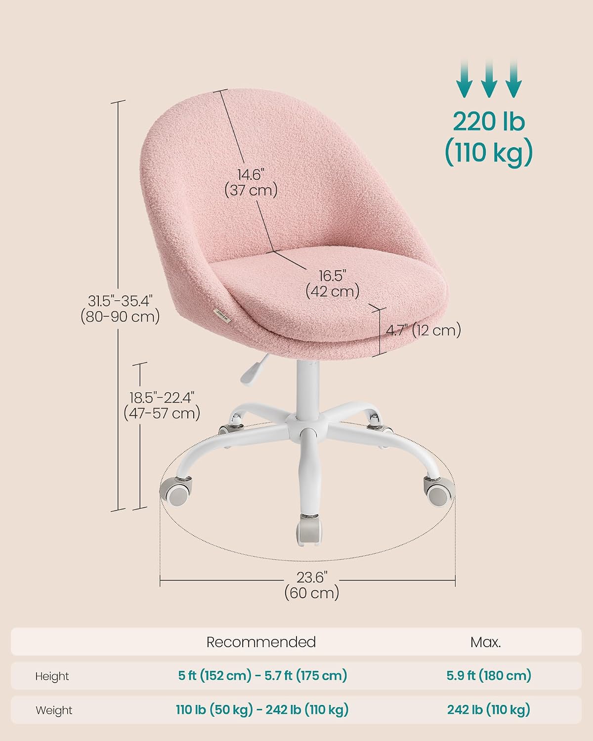 Detalle 2 de SONGMICS Vanity Chair in Jelly Pink
