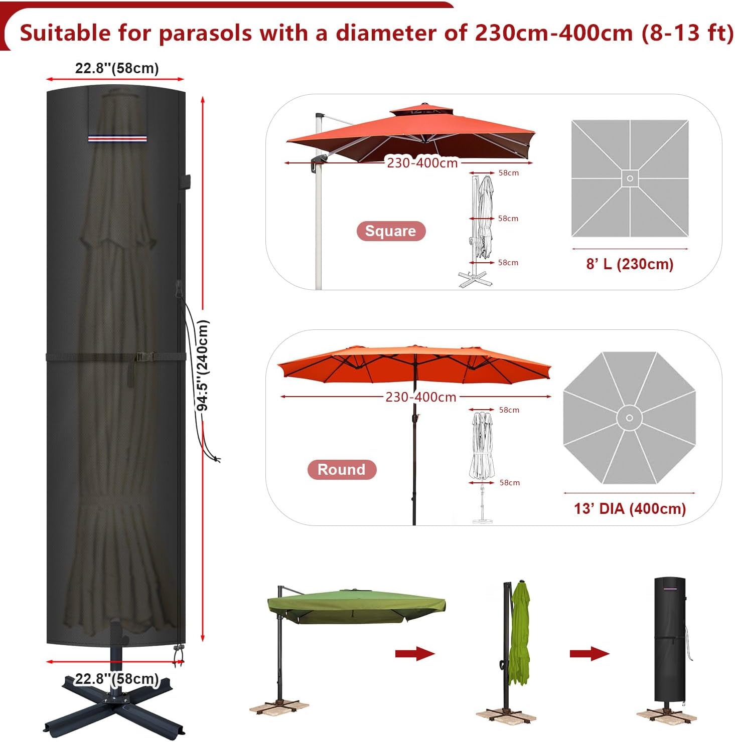 Detalle 2 de LAMUNI 240x58/58cm parasolhoes, waterdicht 420D Oxford-stof met telescoopstok