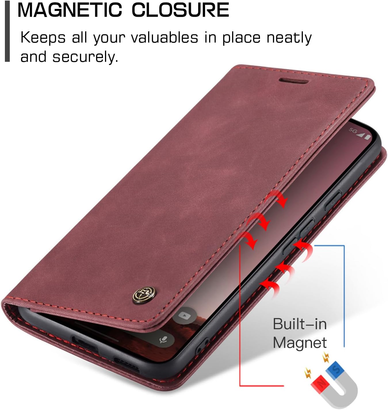 Detalle de Ottcooed Premium Leder Flip Case für Google Pixel 9a – Weinrot, Magnetverschluss, Standfunktion & Kartenfach