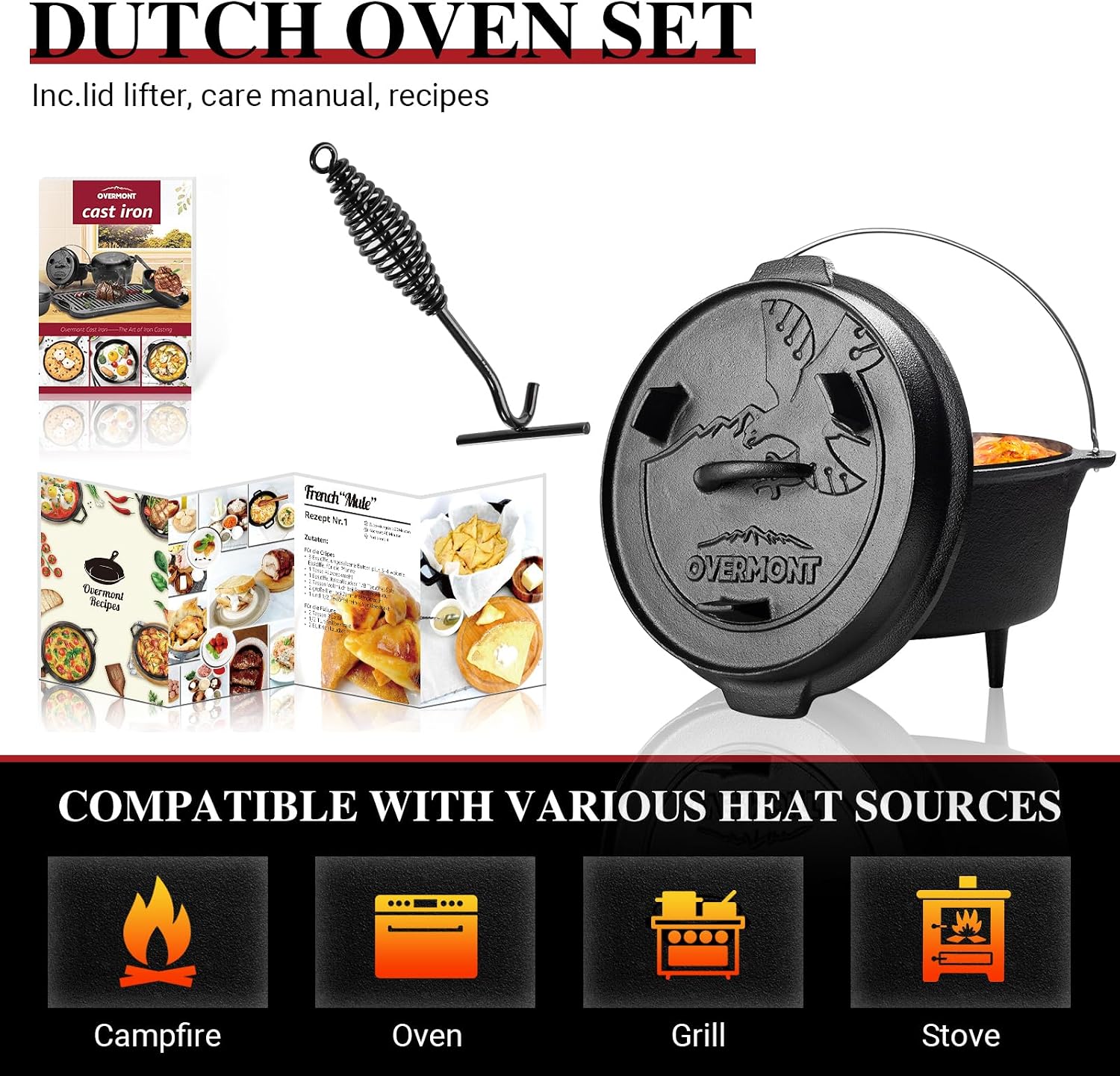 Detalle de Overmont 5.7L All-Round Dutch Oven with Dual Function Lid Griddle and Lid Lifter