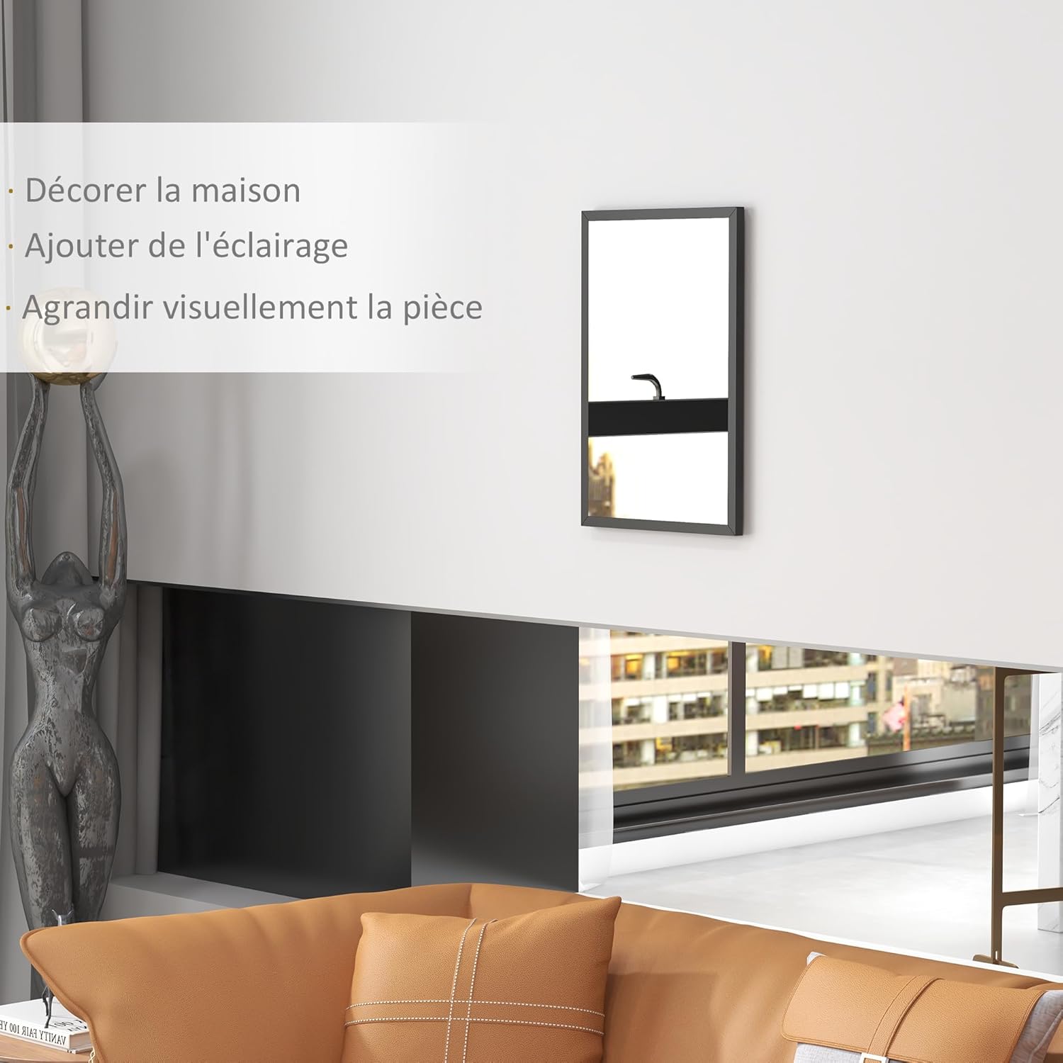 Detalle de HOMCOM Miroir mural rectangulaire 60 x 40 cm – Cadre noir en MDF, idéal salle de bain, salon ou chambre