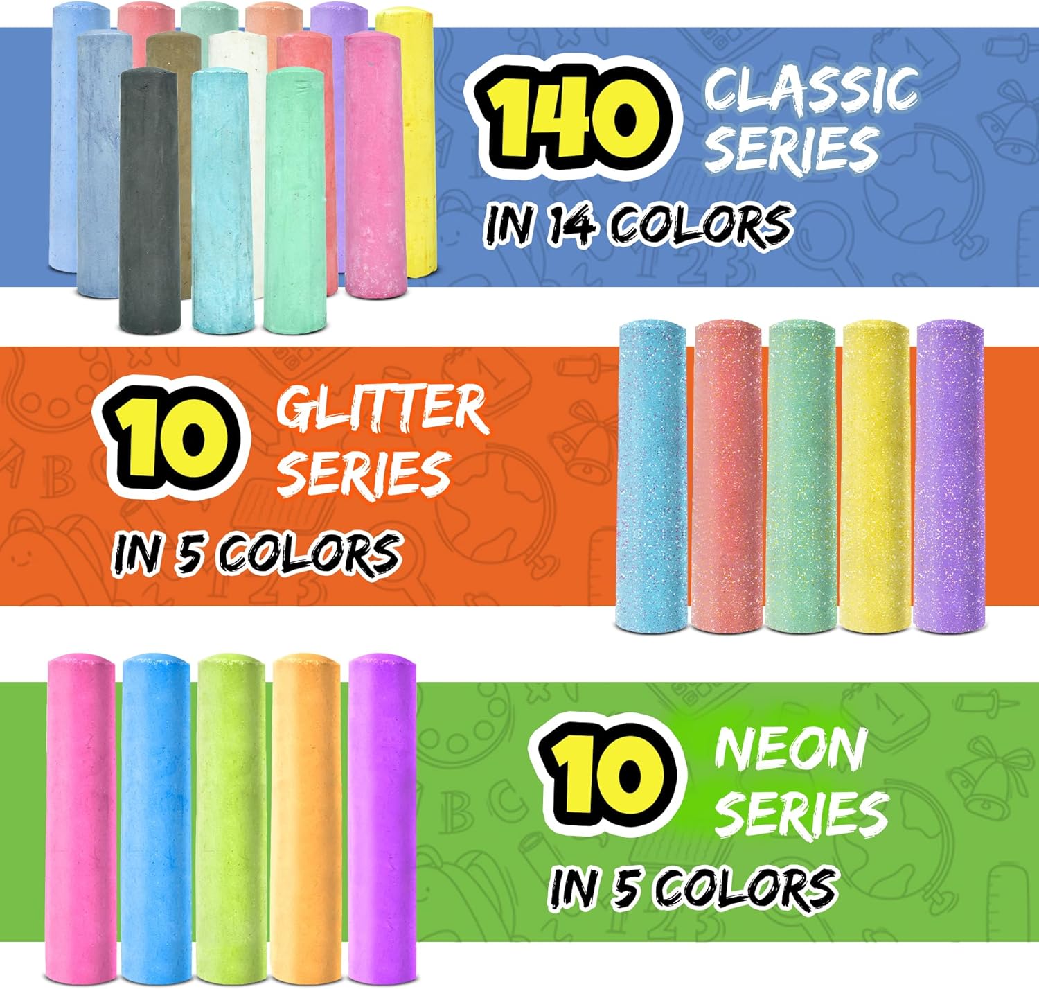 Detalle 2 de 160-Piece Jumbo Sidewalk Chalk Set for Kids (14 Colors, 10 Neon + 10 Glitter)