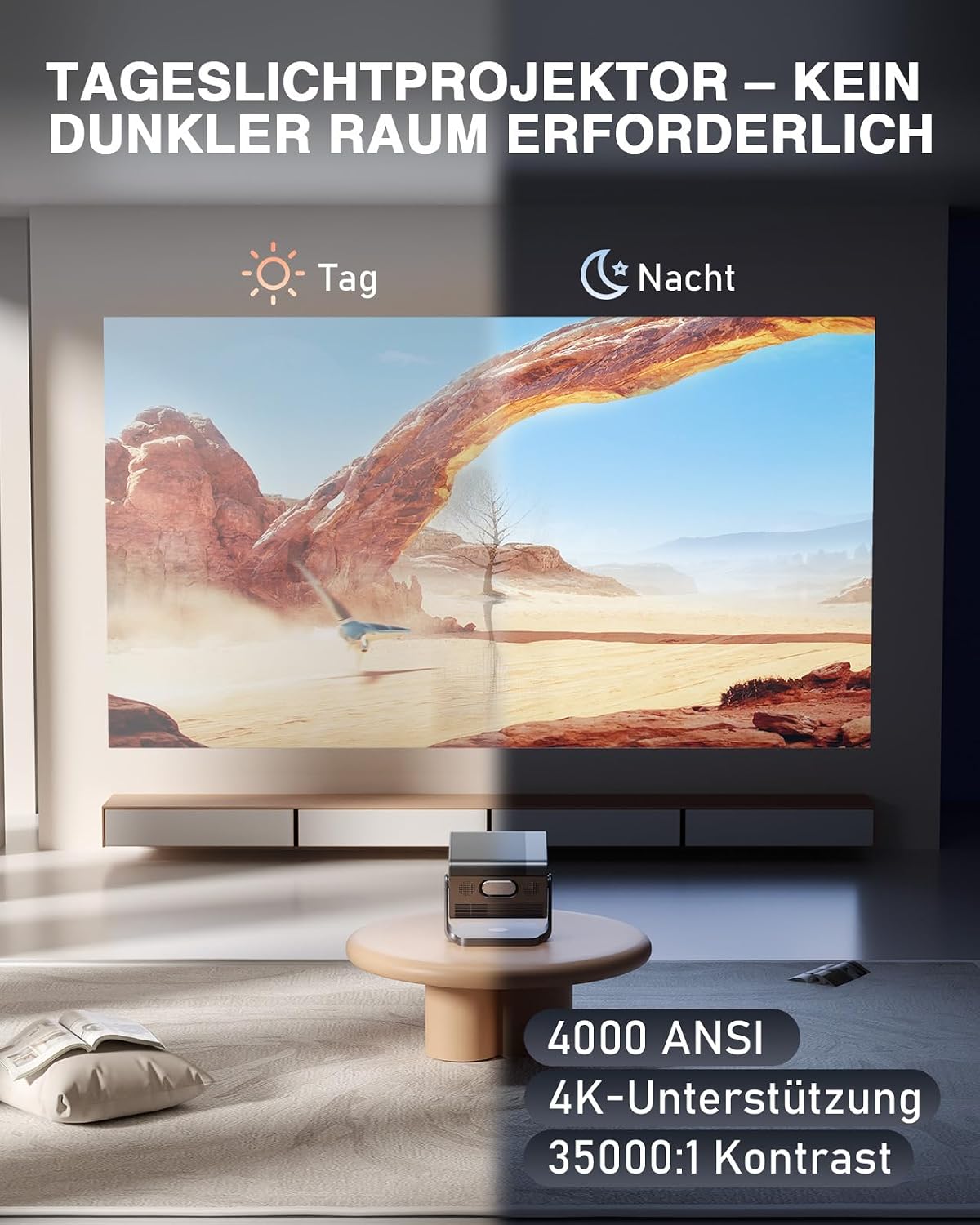 Detalle de Smart Beamer 4K mit Dolby Audio – 4000 ANSI Lumen, Auto Fokus und 6D-Trapezkorrektur