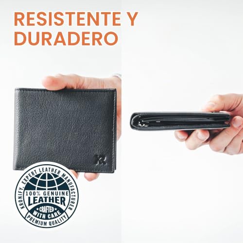 Detalle de KRONIFY cartera de piel auténtica Nappa negra con protección RFID y 13 compartimentos