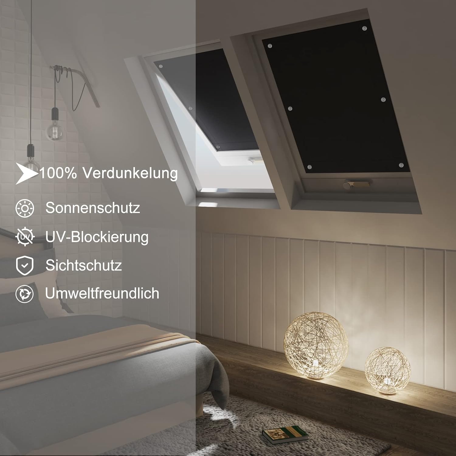 Detalle de WOLTU Thermo Dachfenster Rollo ohne Bohren – Verdunkelung & Hitzeschutz für Velux- & Roto-Fenster (Schwarz, 57x100 cm)