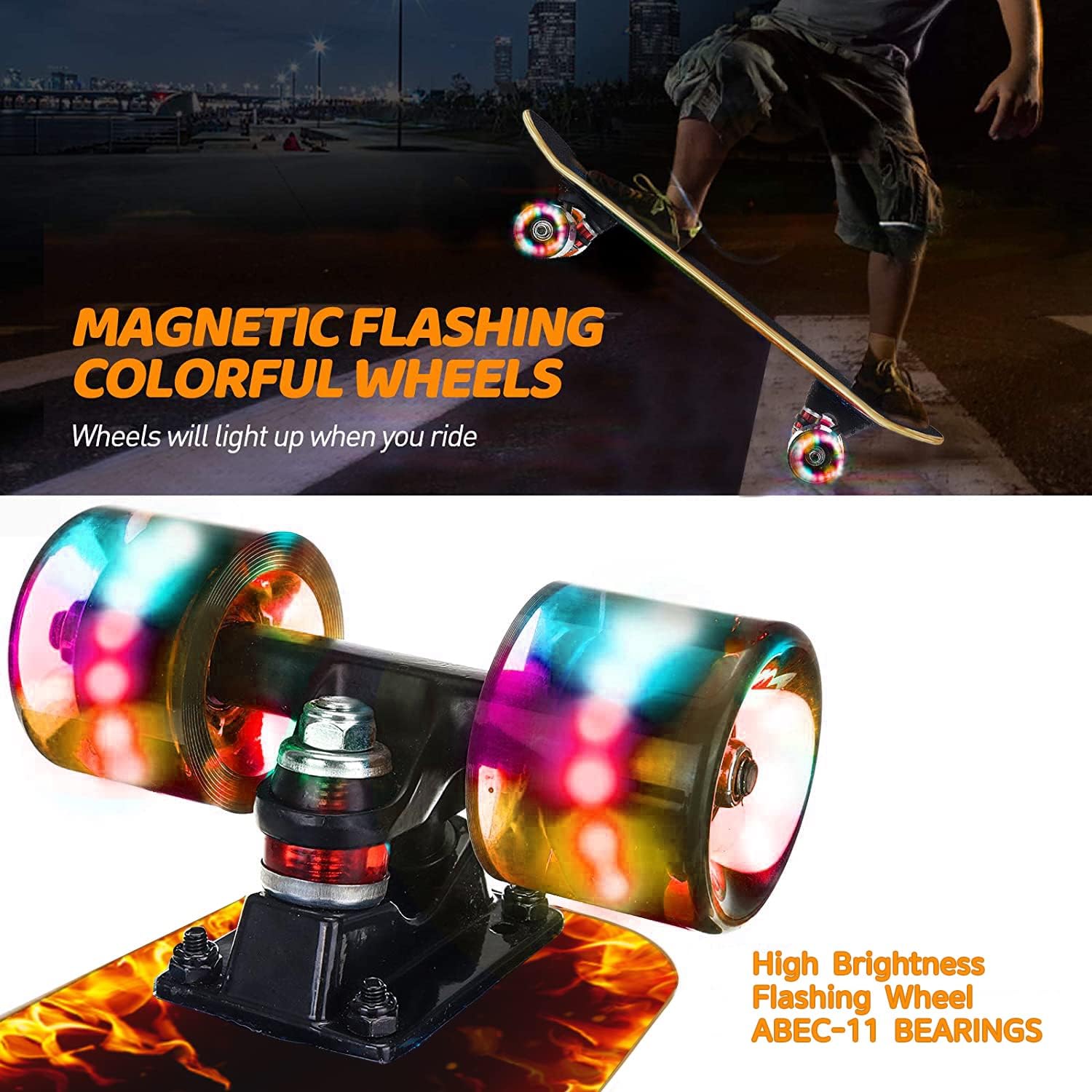 Thumbnail 1 de GIEEU 9-Ply Canadian Maple Complete Skateboard with Colorful Flashing Wheels (31" x 8")