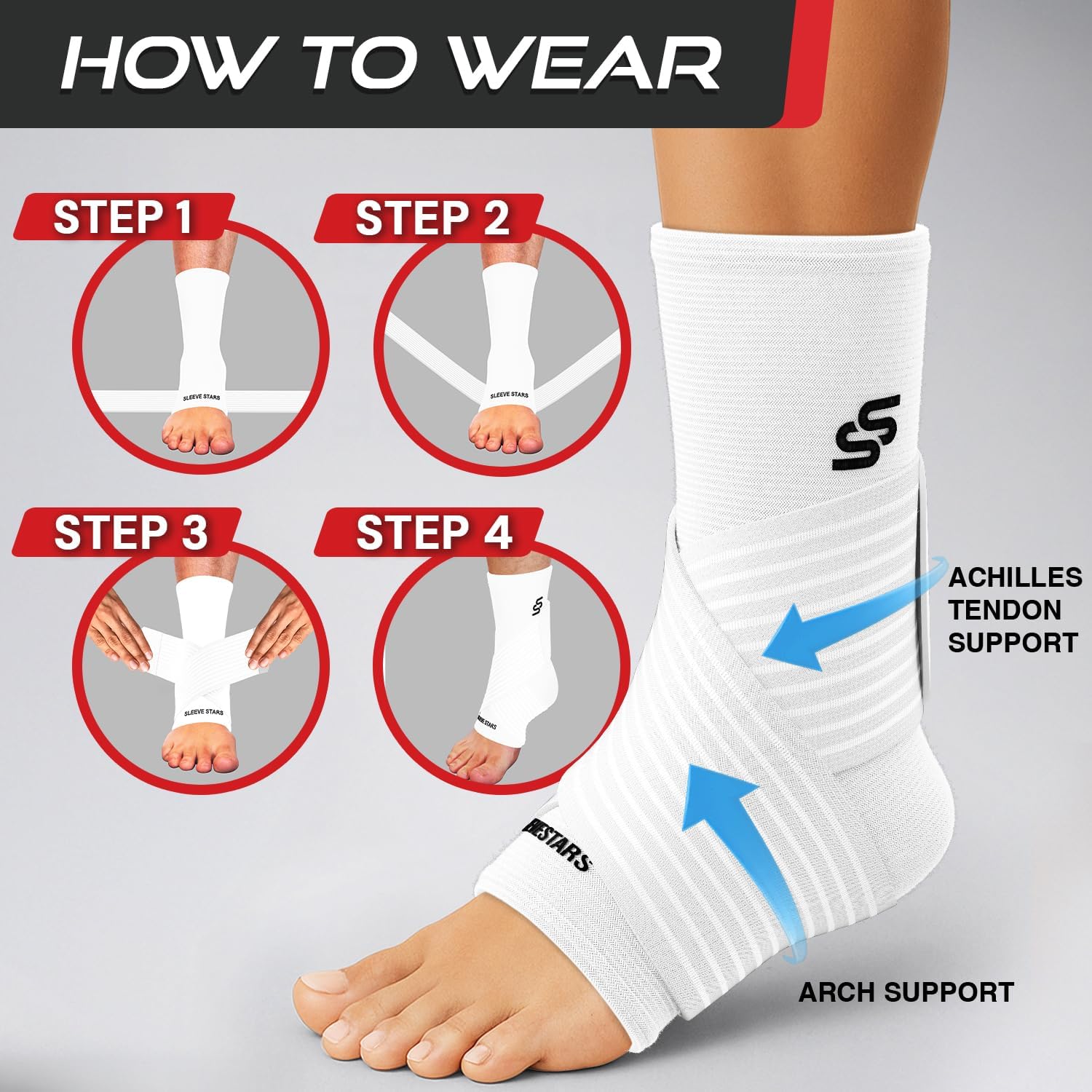 Thumbnail 6 de Sleeve Stars Ankle Brace with Removable Strap – Adjustable Compression for Sprains and Plantar Fasciitis (Pair, Medium: 10-12", White)