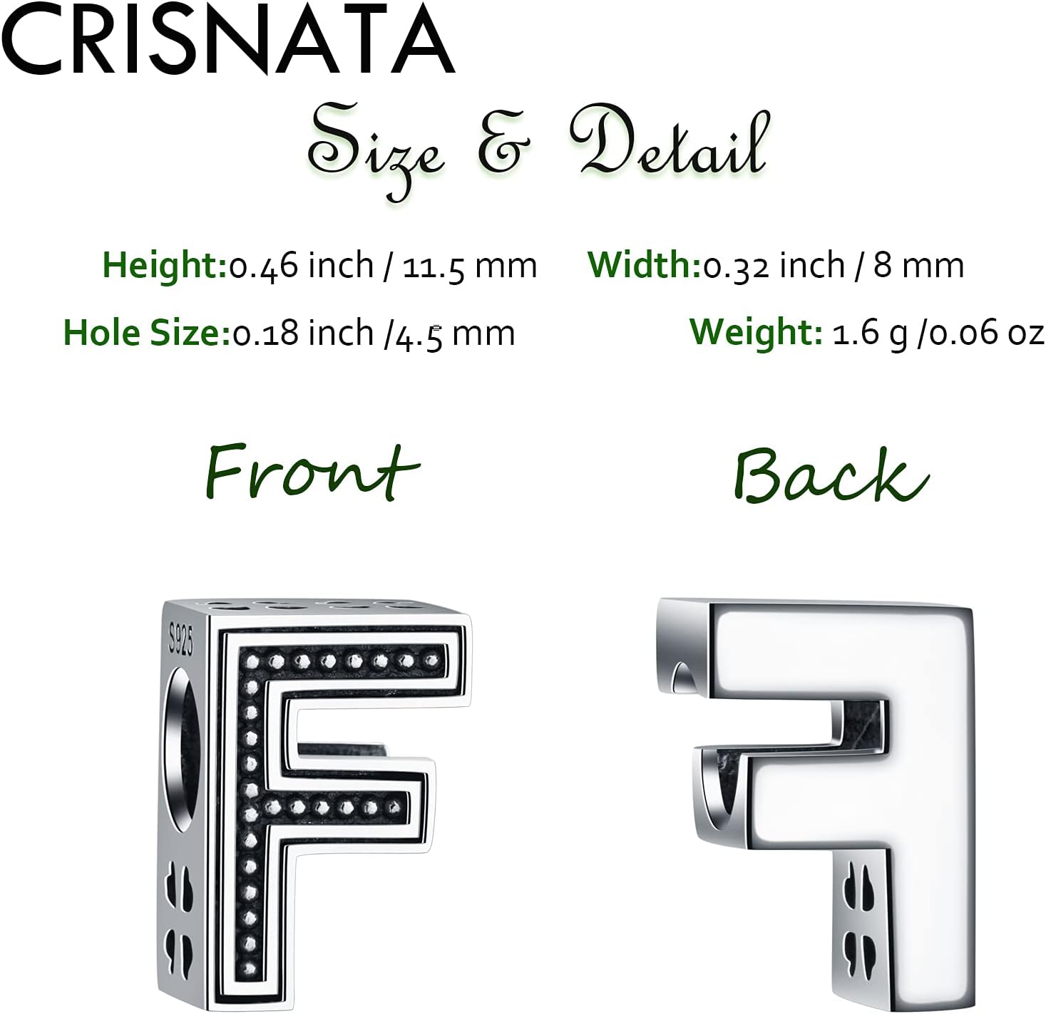 Detalle 2 de CRISNATA Vintage Initial F Charm in 925 Sterling Silver – Openwork 4‑Leaf Clover, Fits European Bracelets