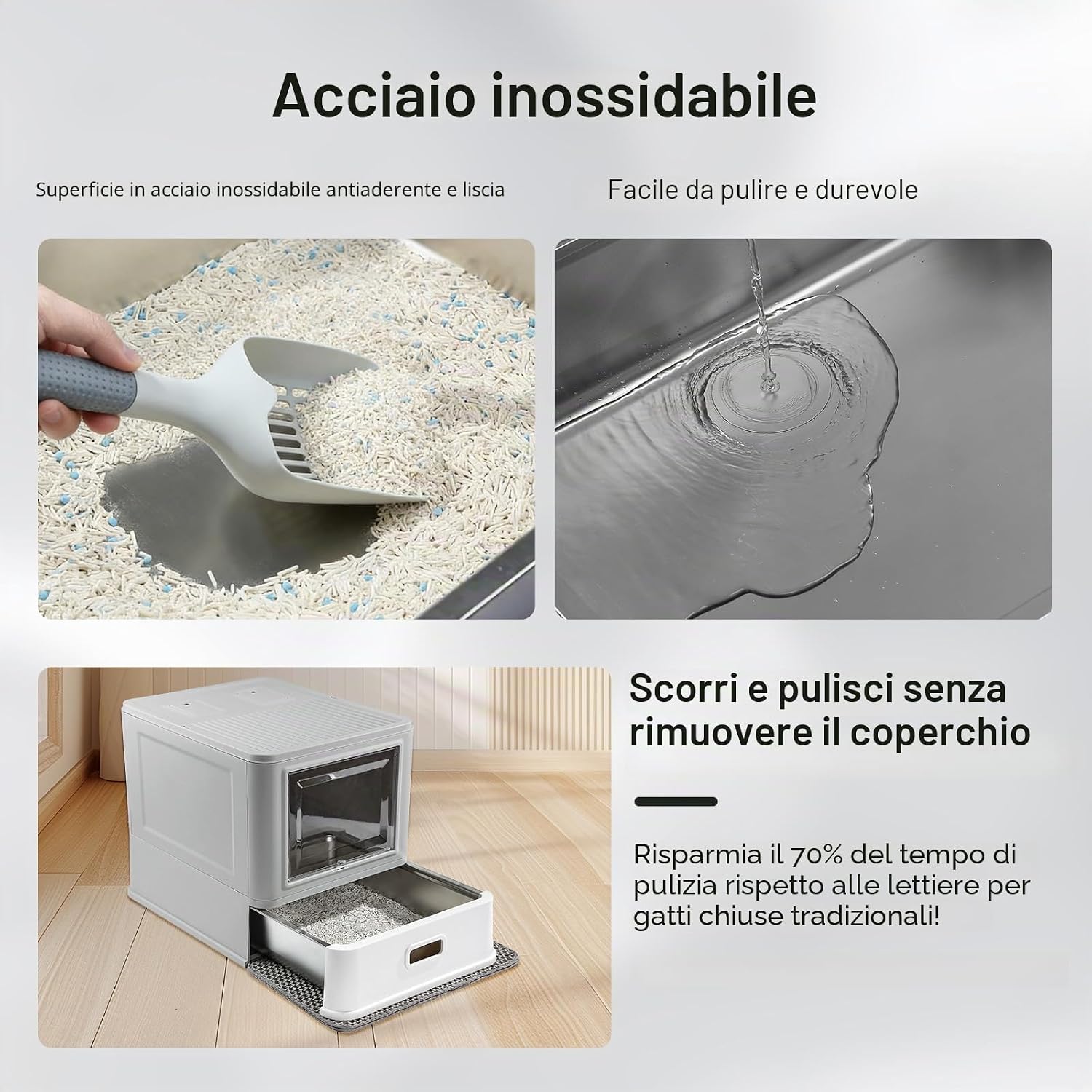 Thumbnail 2 de Marchul XL Lettiera per gatti grande in acciaio inox con coperchio, cassetto estraibile e tappetino: design chiuso per odori contenuti