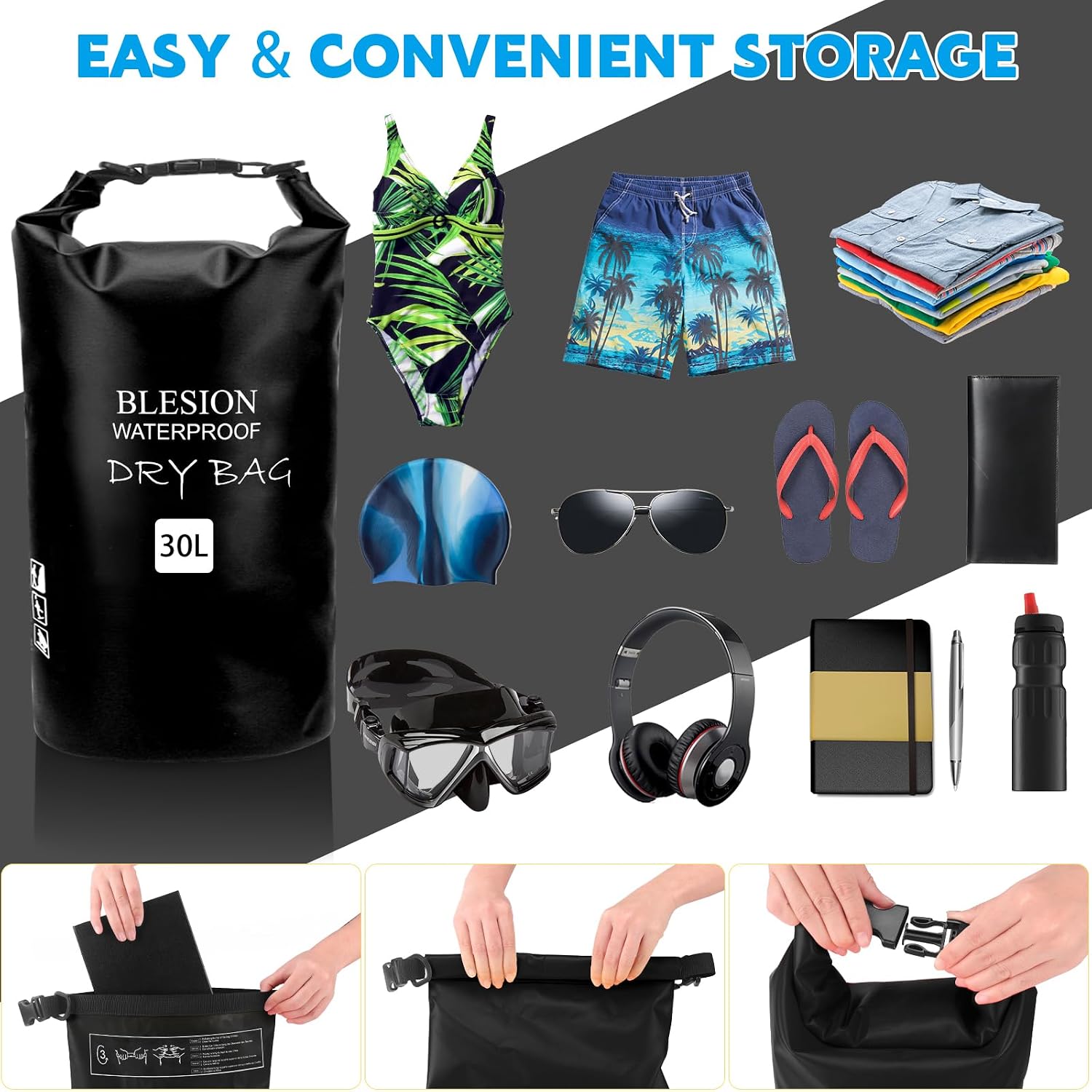 Detalle de BLESION Dry Bag wasserdichte Tasche 5–30 L mit verstellbarem Schultergurt für Kajak, Angeln, Schwimmen & Reisen