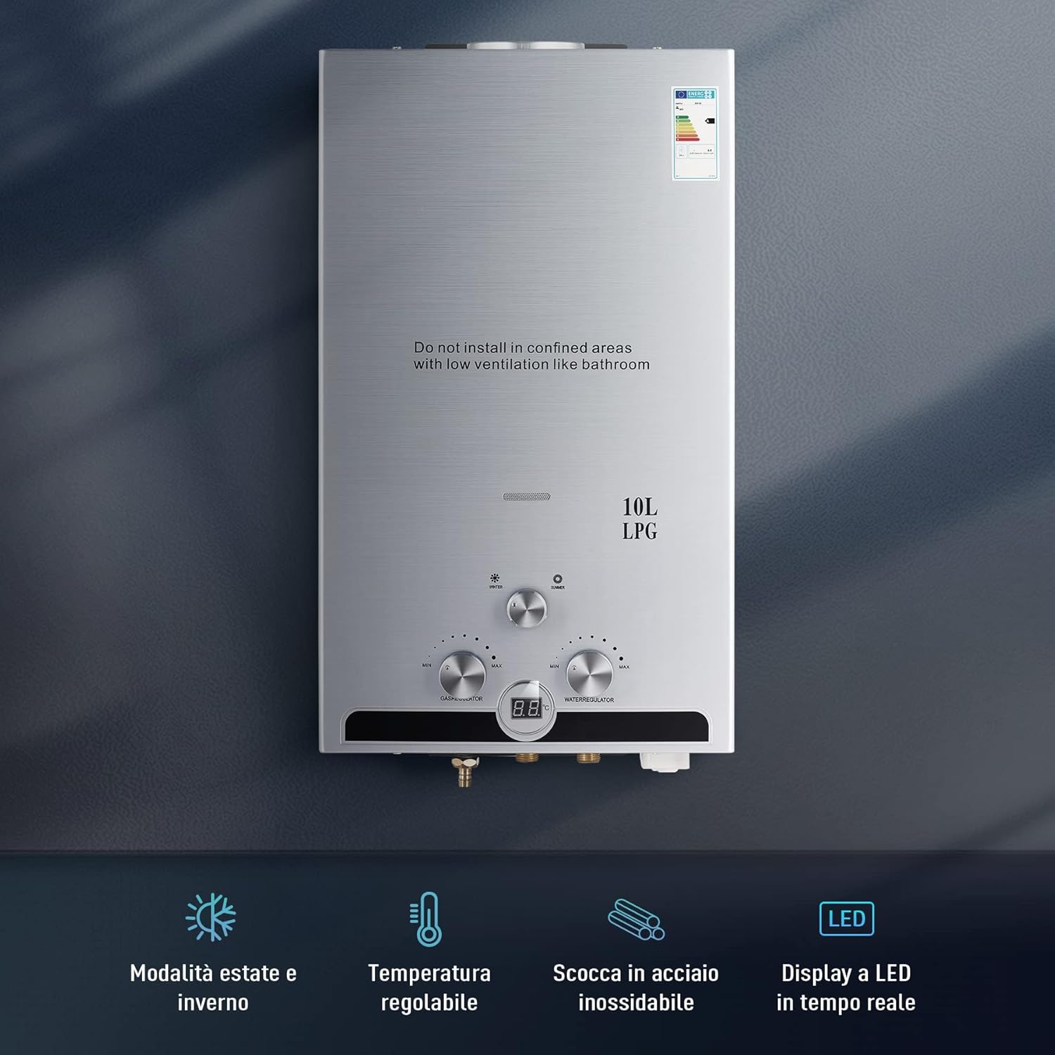 Detalle 1 de CO-Z Scaldabagno a gas GPL 10L da 17 kW a parete senza serbatoio con modalità Inverno/Estate e display LED