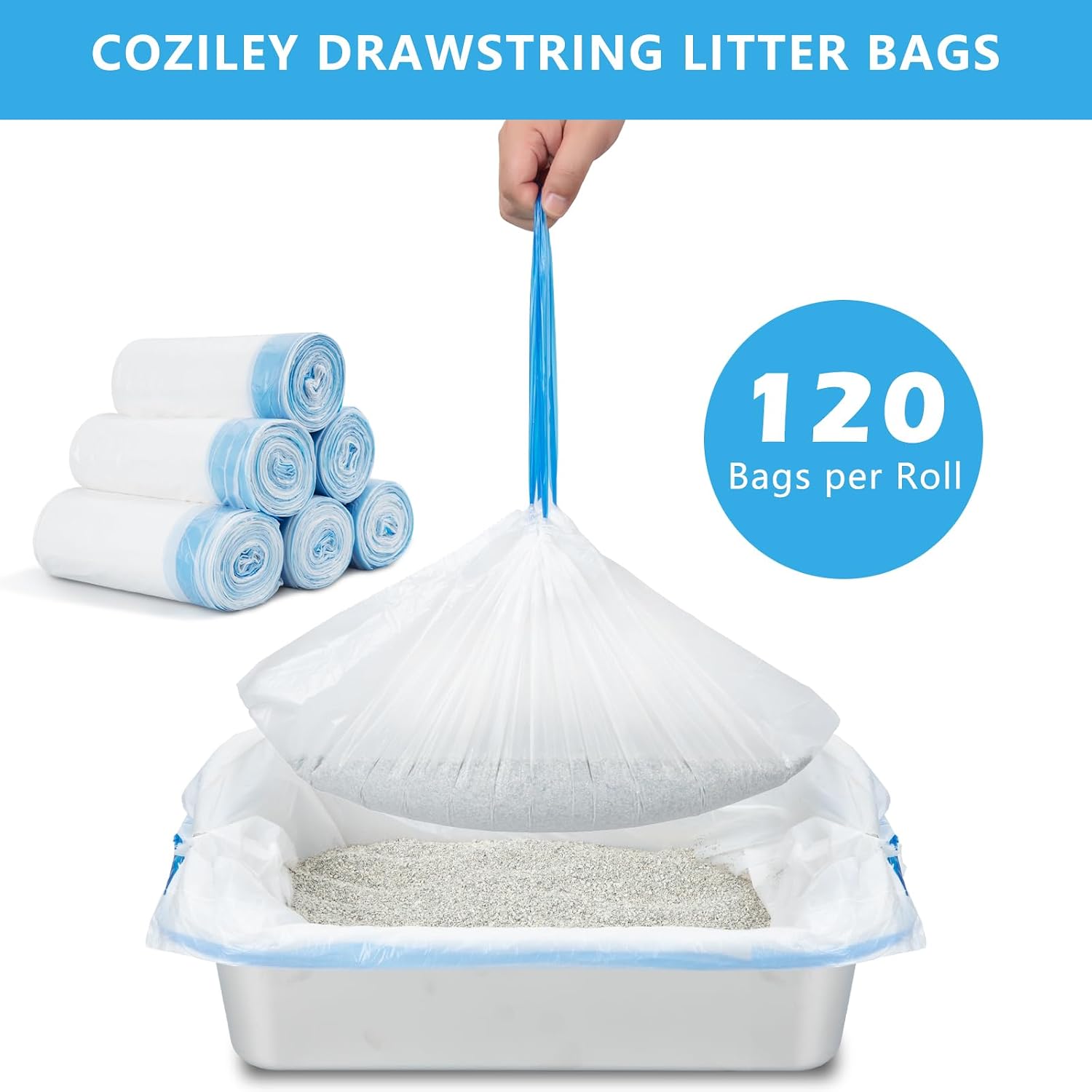 Detalle de Replacement Waste Bags for Self Cleaning Litter Box – Heavy-Duty Dual Drawstring, 21.7" x 11", 120 Bags (6 Rolls)