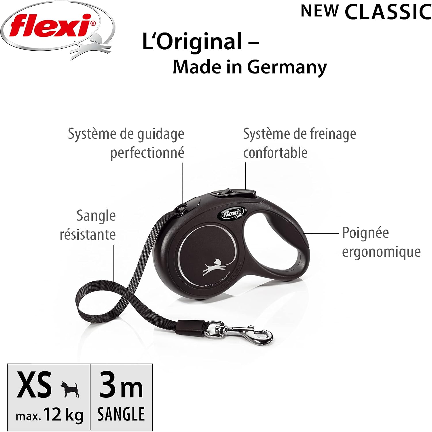 Detalle de flexi® Classic XS Laisse rétractable 3 m pour petits chiens - noir, format de poche