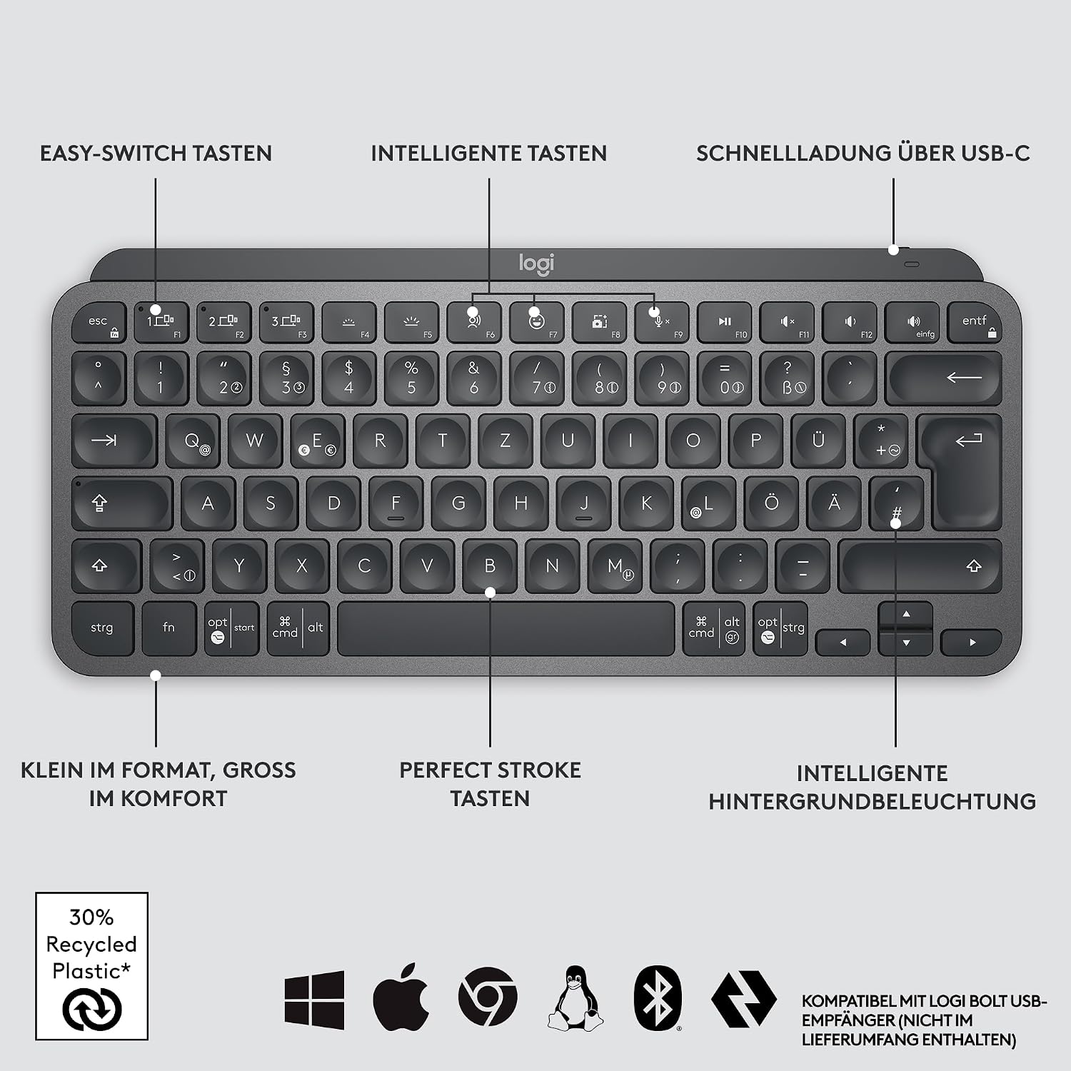 Thumbnail 6 de Logitech MX Keys Mini kabellose Tastatur (Bluetooth, Hintergrundbeleuchtung, USB-C) – dunkelgrau, kompakt