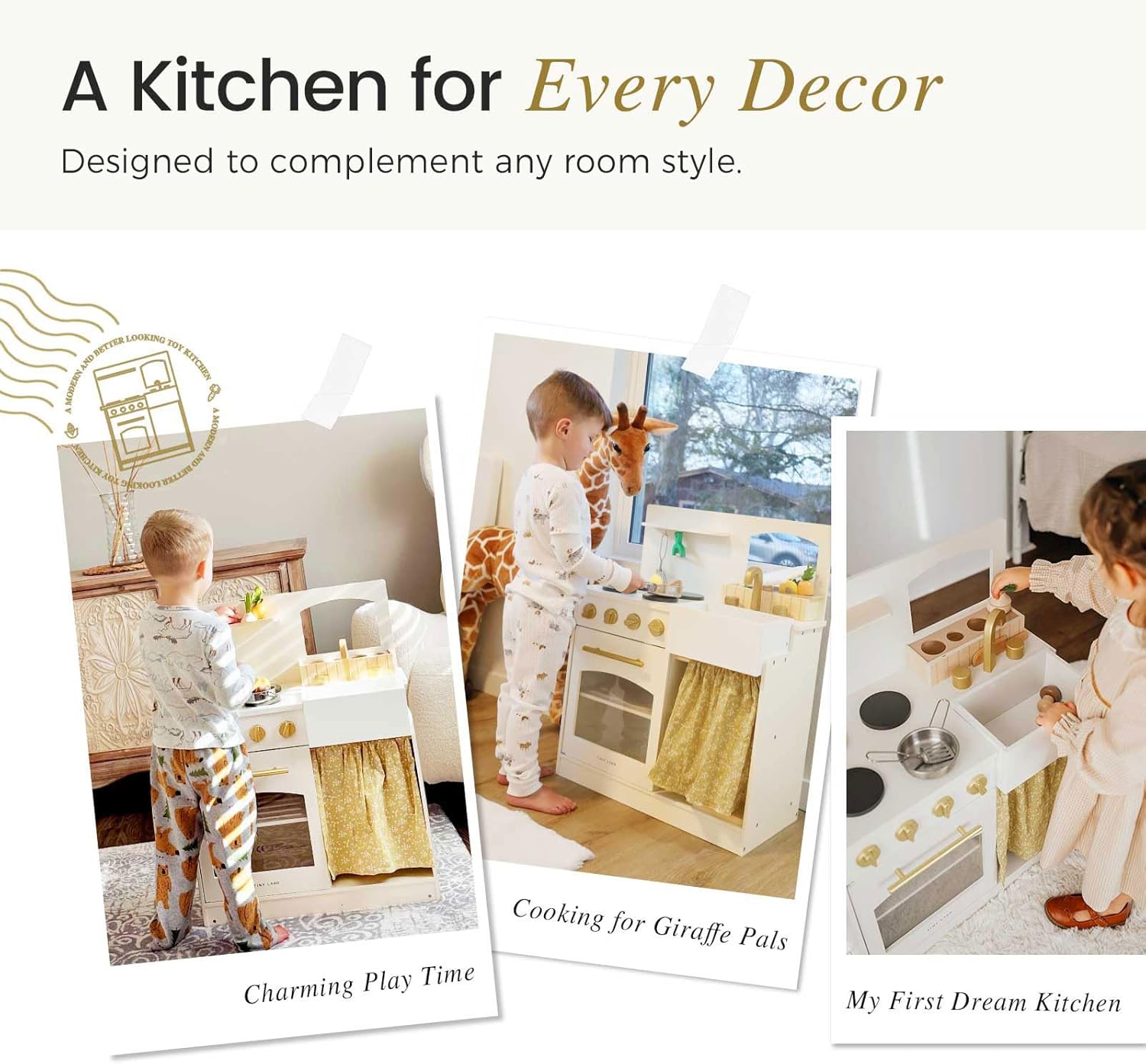Detalle de Tiny Land Wooden Play Kitchen for Toddlers – Compact Cream Pretend Play Set