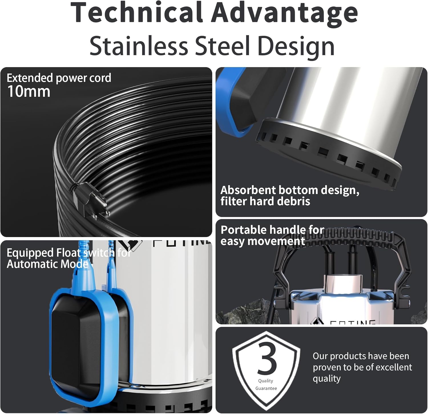 Thumbnail 4 de FOTING 400W Stainless Steel Submersible Water Pump — 8250 L/H, Auto Float, 7m Lift
