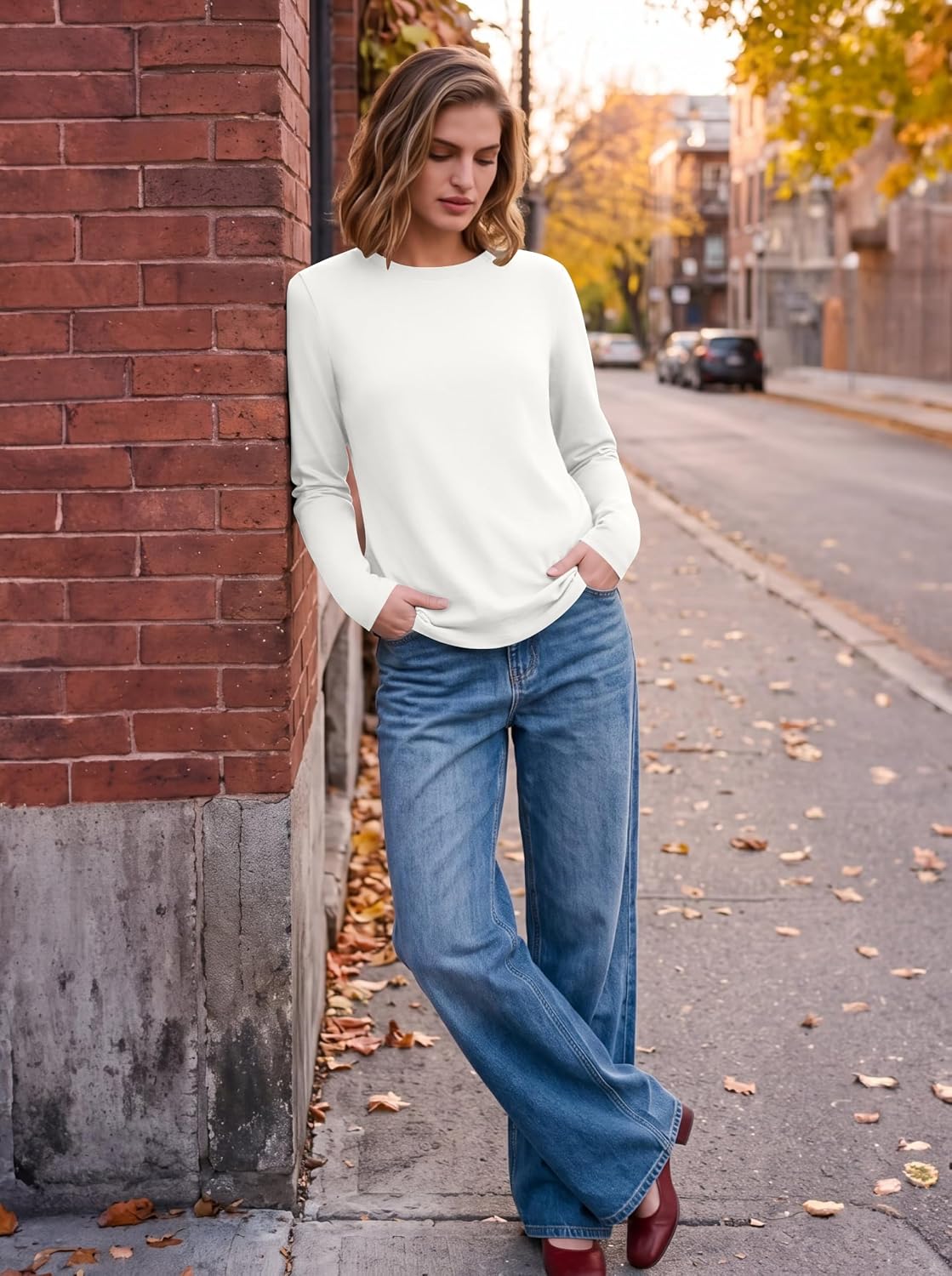 Detalle 1 de Ekouaer Women's Long Sleeve Crew Neck Shirt, Cotton Blend