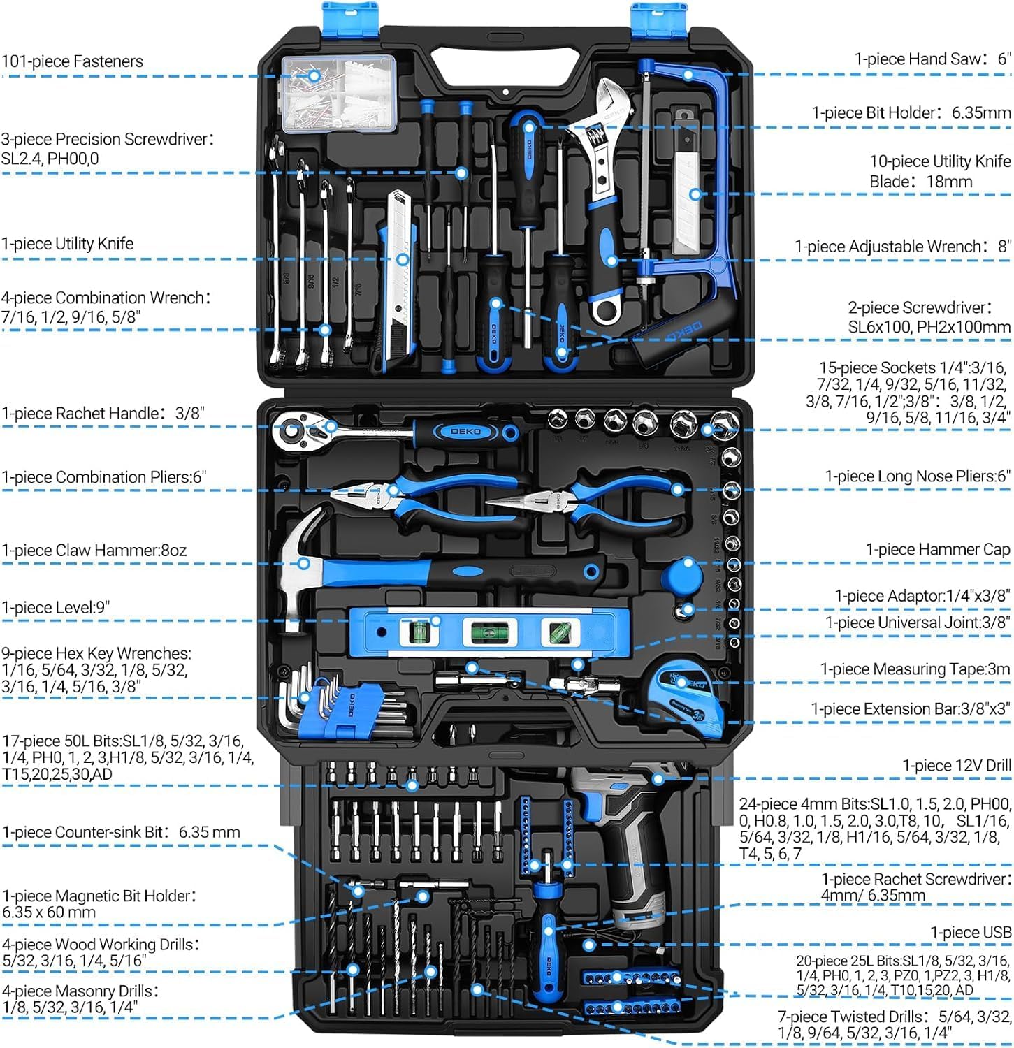 Thumbnail 2 de DEKOPRO DKMT238-BL 238-Piece Tool Set with 12V Cordless Drill, Blue