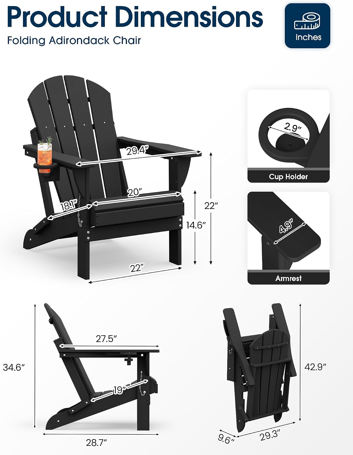 Thumbnail 2 de MUCHENGHY Folding Adirondack Chairs (Black) — Weather-Resistant Outdoor Patio Adirondack