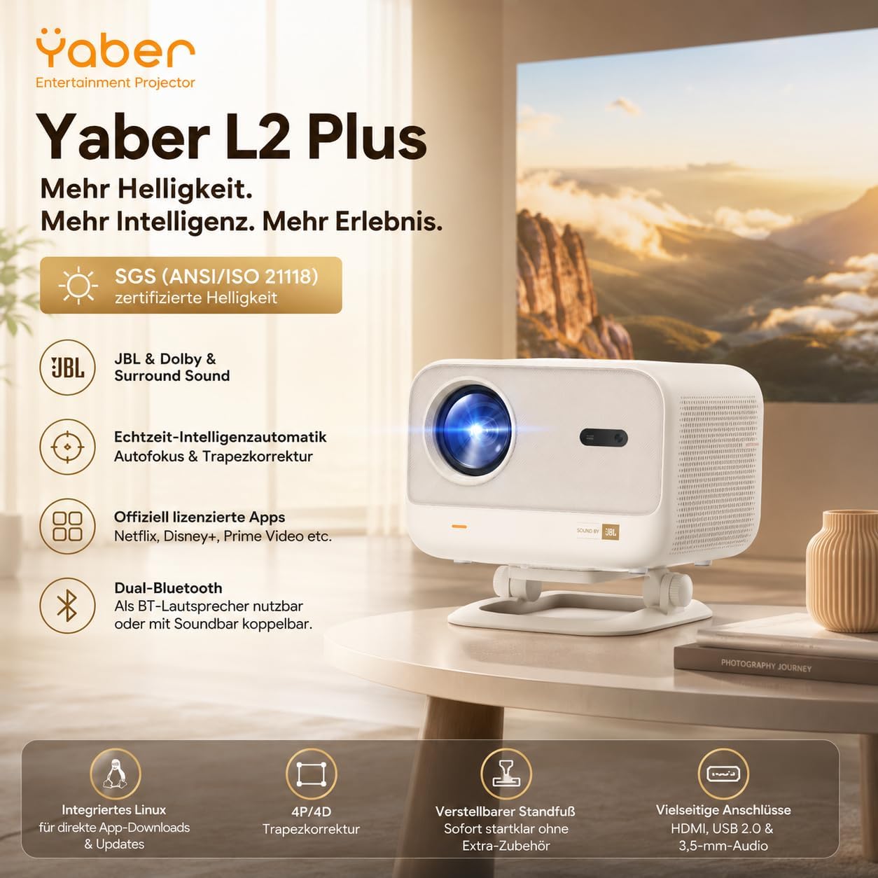 Detalle 2 de Yaber L2 Plus – SGS-zertifizierter Smart Beamer mit hoher Helligkeit, 1080p, HDR10, JBL-Sound & Auto-Fokus