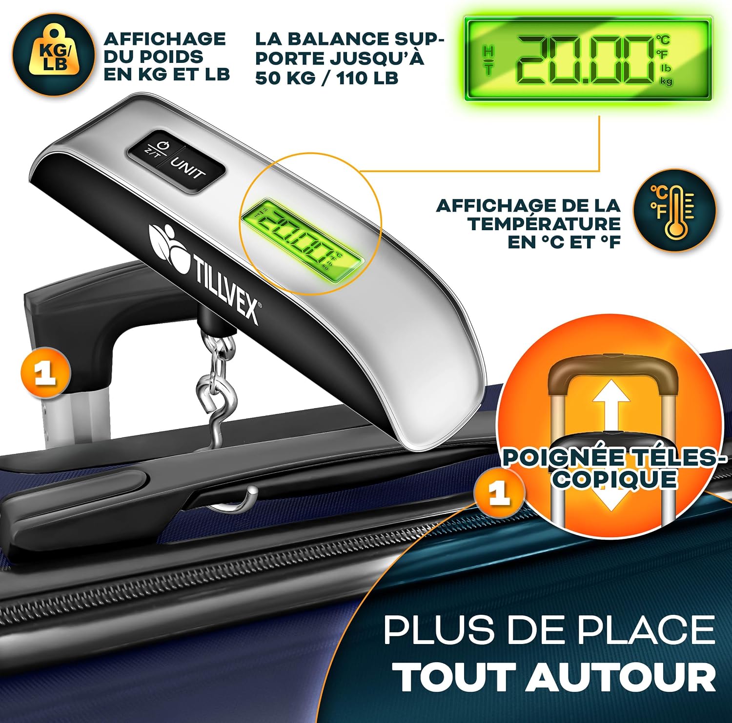 Detalle de tillvex® Set de 4 Valises de Voyage avec Balance, Sangles et Étiquettes – Coque ABS, TSA Lock, Roulettes 360°, Bleu Marine