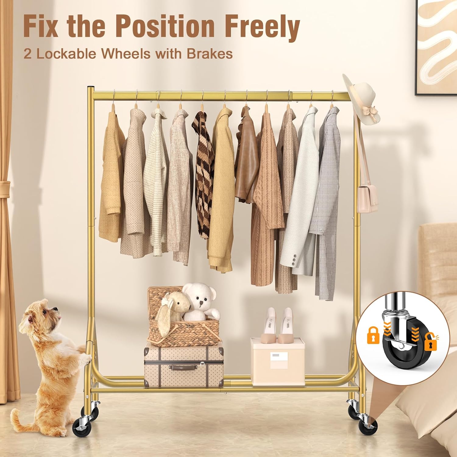 Detalle 1 de EAGMAK UKGRP067 Rolling Metal Clothes Rack, 420 LBS Capacity, Gold