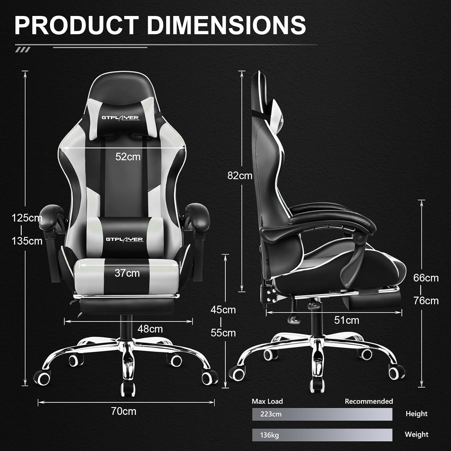 Thumbnail 2 de GTPLAYER sedia da gaming ergonomica bianca con poggiapiedi, supporto lombare massaggiante e schienale reclinabile 90–135°