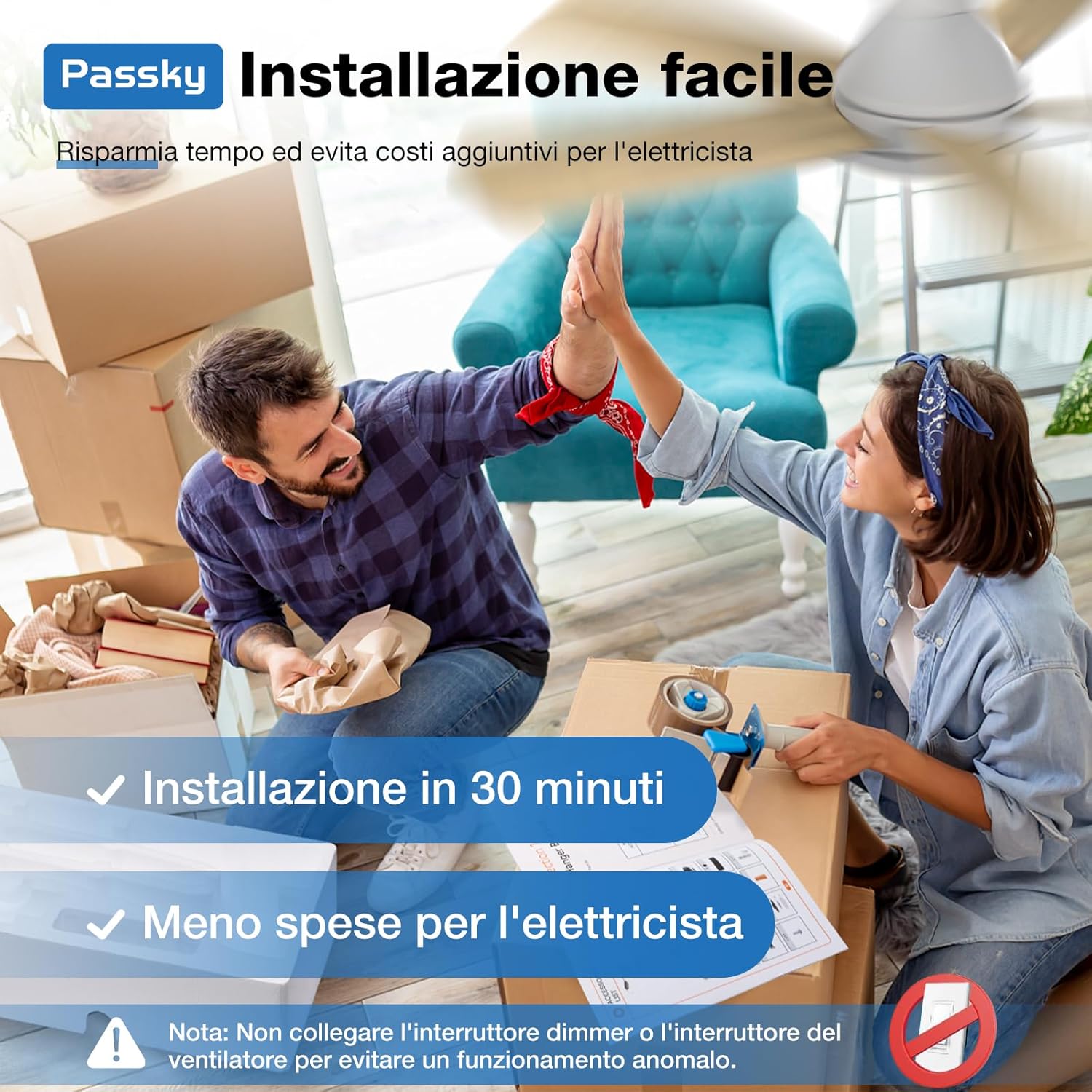 Thumbnail 6 de Passky Ventilatore da soffitto 107 cm con luce LED, motore DC silenzioso e telecomando