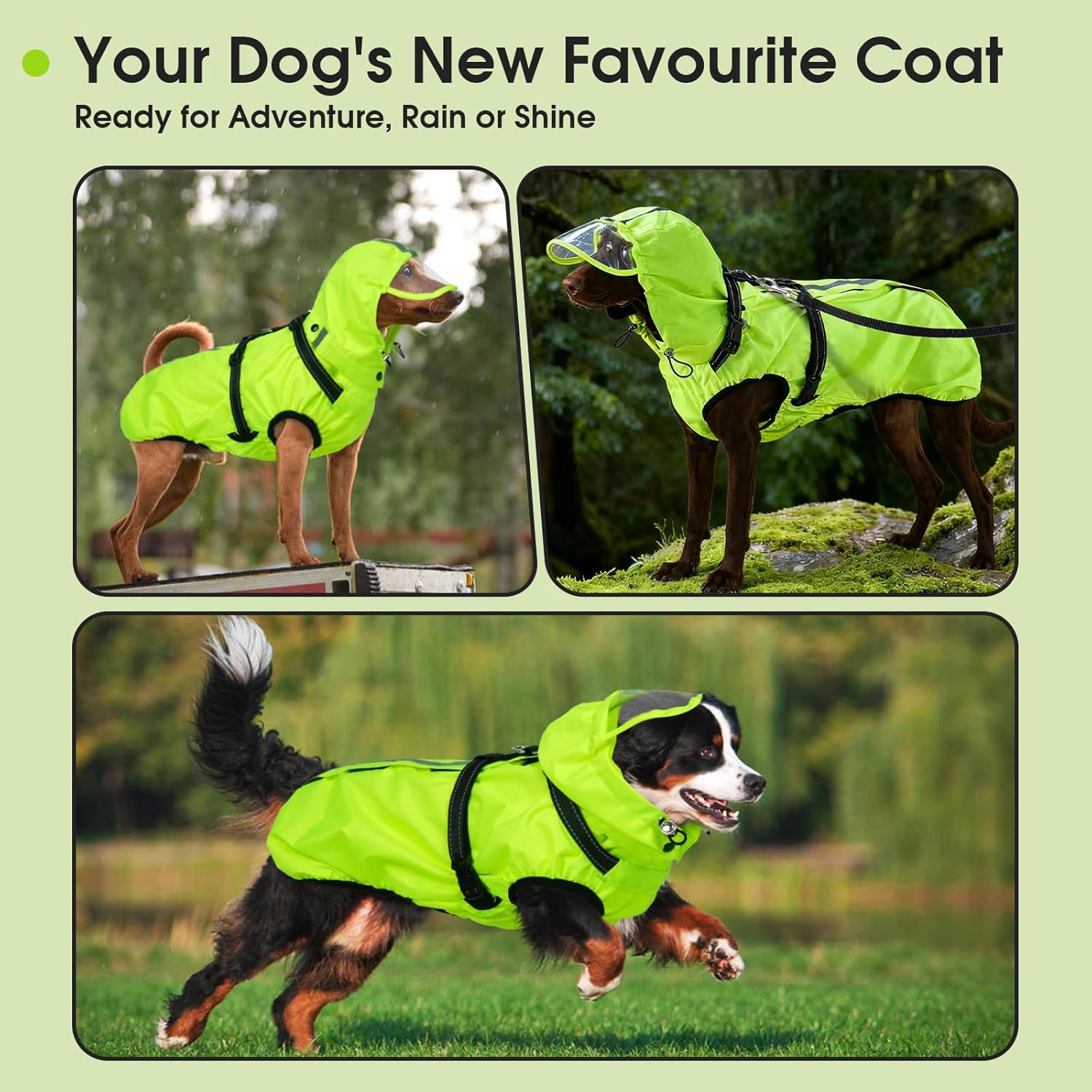 Thumbnail 6 de OUOBOB Waterproof Dog Raincoat with Reflective Strips, H-Harness & Detachable Hood (Neon Green, Size 3XL)