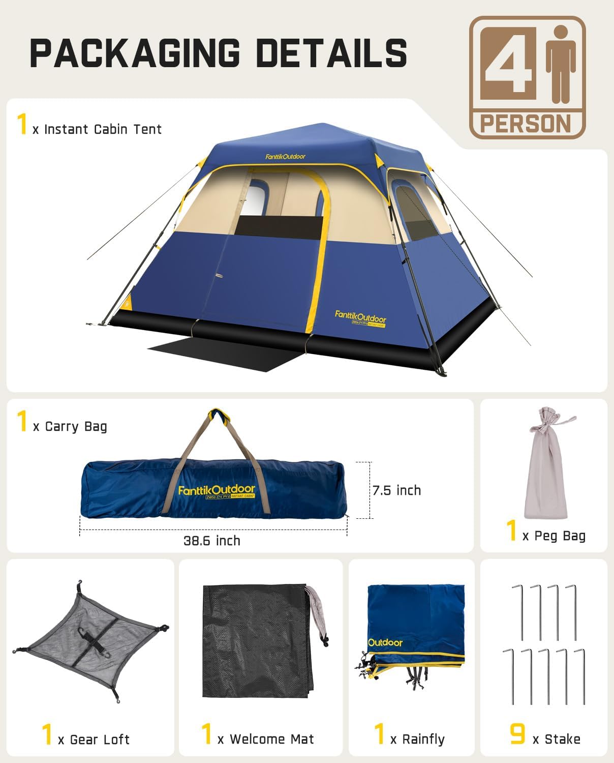 Thumbnail 5 de FanttikOutdoor Instant Cabin Camping Tent (4/6/8/10 Person) in Navy Blue — Rainfly, Windproof Setup in 60 Seconds