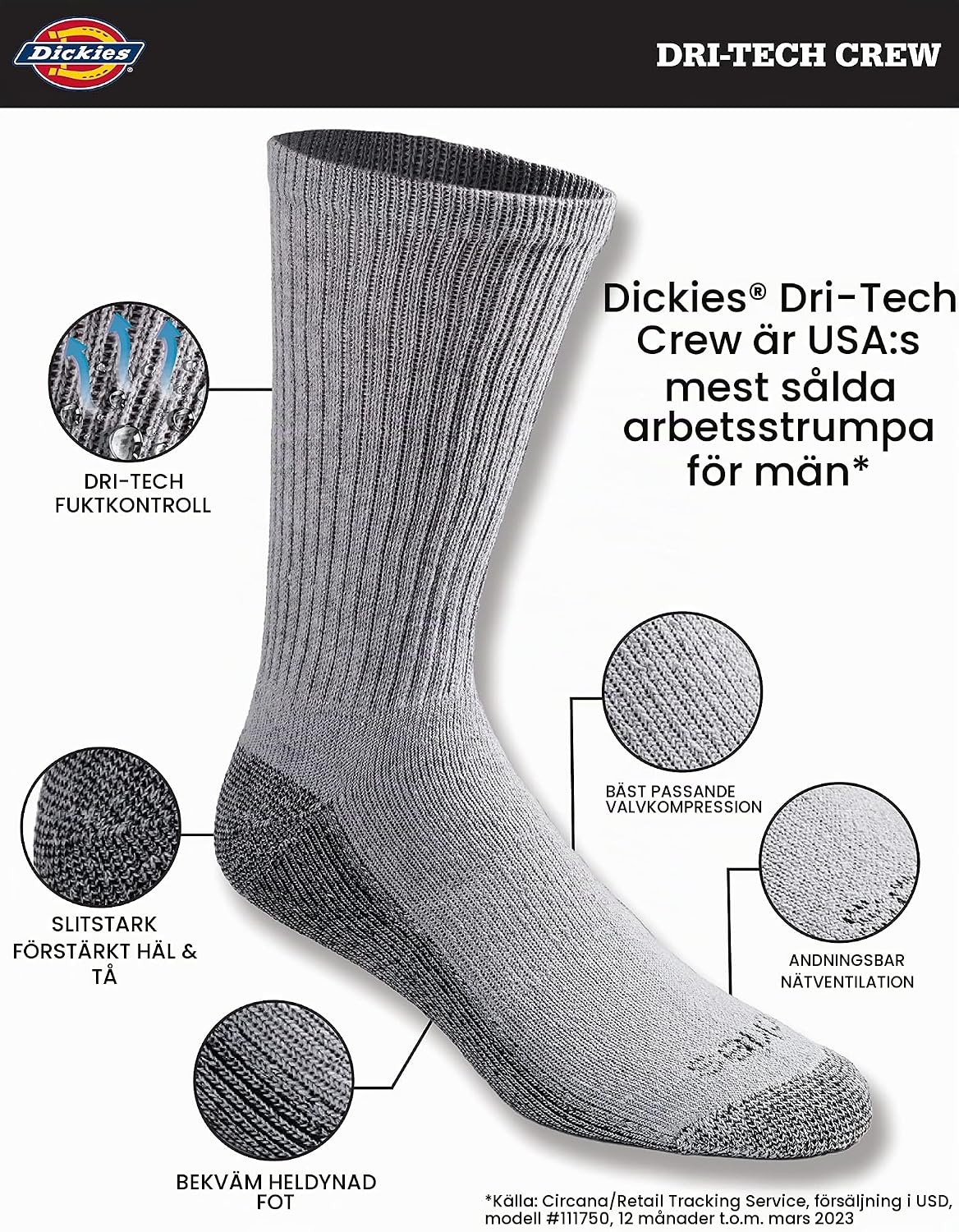Detalle 2 de Dickies Dri-tech Original crewstrumpor med fukthantering och ventilation, 6-pack