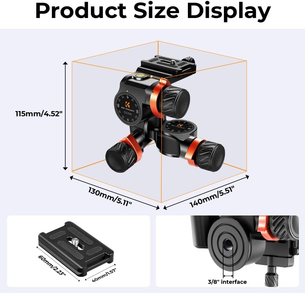 Thumbnail 4 de K&F Concept geared tripod head for 360° panoramic 3-way ballhead with quick release plate