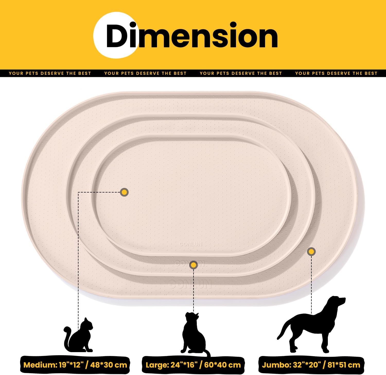 Detalle de Conlun Napfunterlage Hund – BPA-freie Silikonmatte mit hohem Rand, rutschfest & spülmaschinengeeignet (Beige, 48x30 cm)