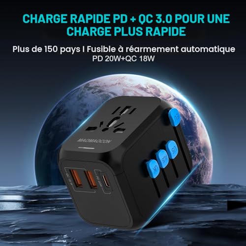 Detalle 2 de Adaptateur de Voyage Universel MAOMAOCON PD20W — 2 USB-A, 1 USB-C et Prise AC, 4 appareils en même temps