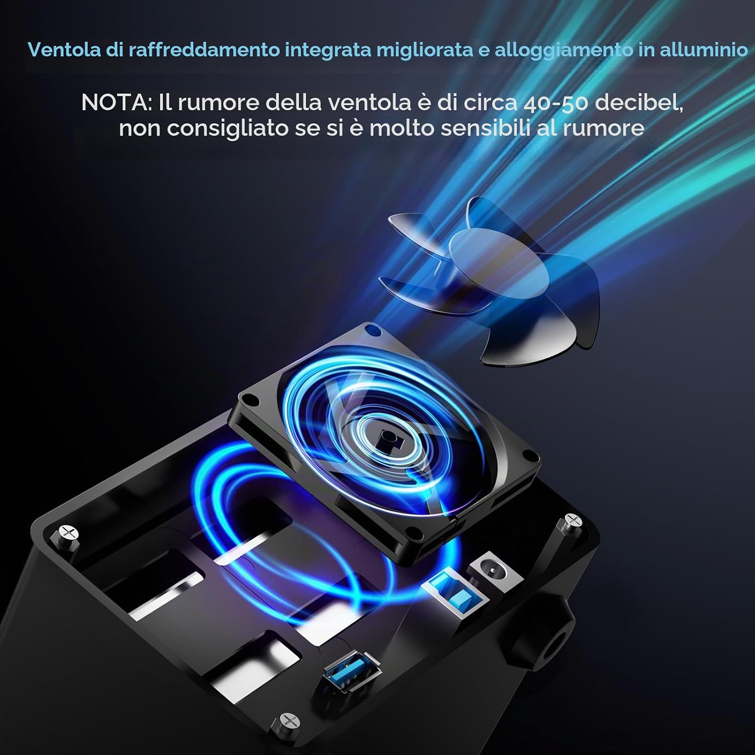 Detalle de CENMATE Hard Drive Case 2 Baie in Alluminio con Ventola: espansione modulare per HDD/SSD da 2,5/3,5 pollici