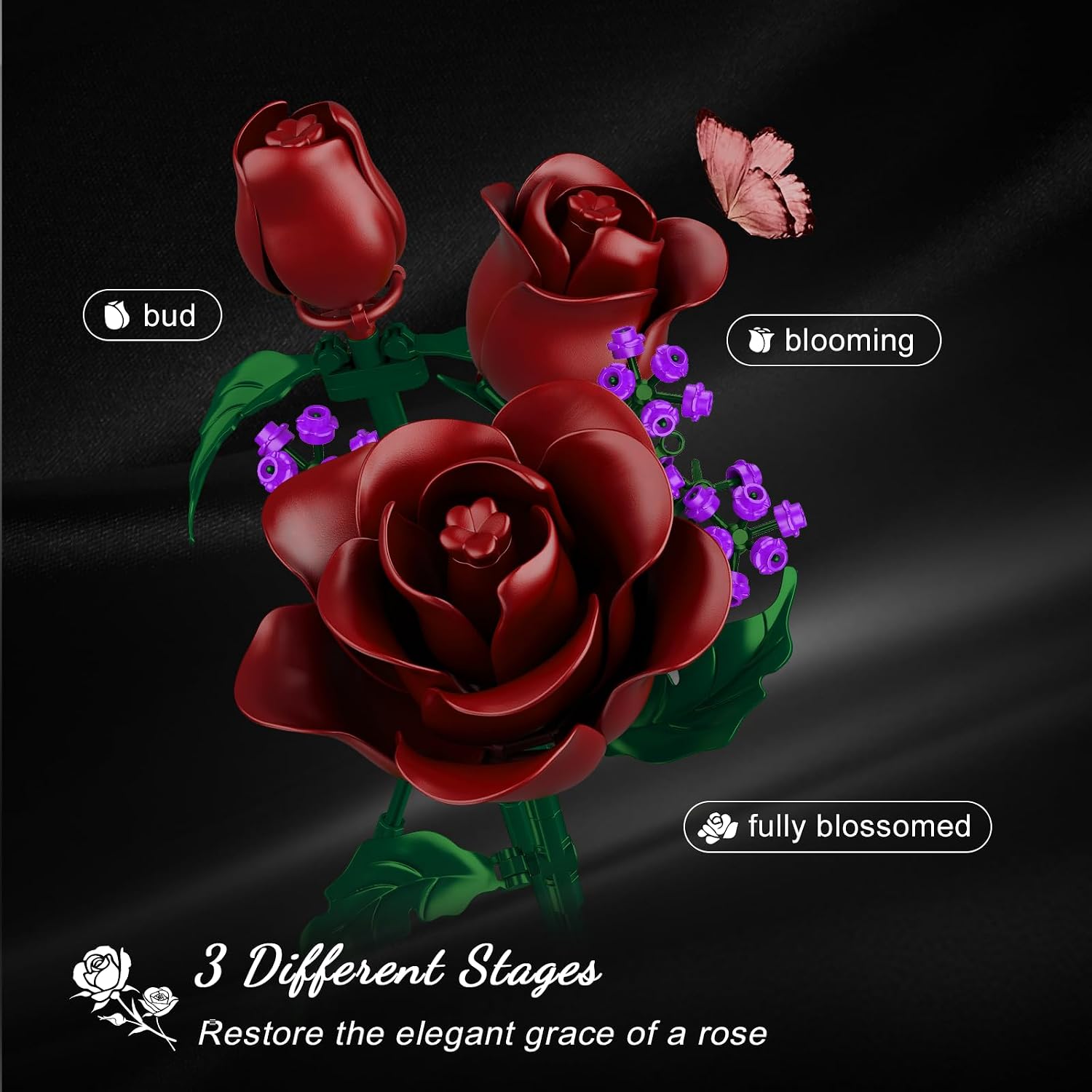 Detalle 2 de HOGOKIDS Flowers Bouquet Building Set - 15 Burgundy Roses (330 pcs) for Home & Gift
