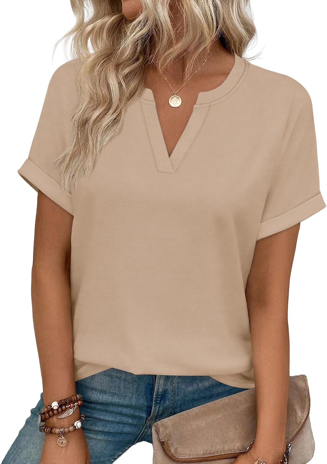 Detalle de WIHOLL Women's V-Neck Tunic Top, Short Sleeves and Relaxed Fit