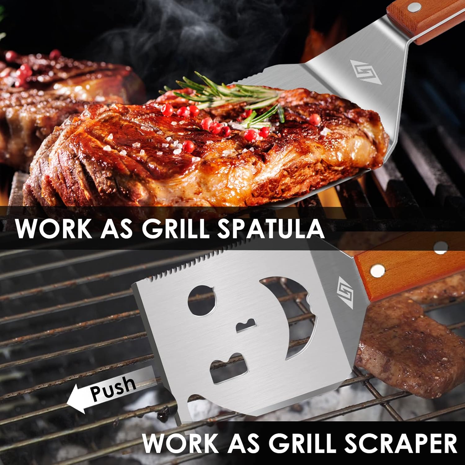 Detalle de Grillspatel für Grill – 7-in-1-Grillwerkzeug mit Holzgriff (Smiley-Grill-Spatel)
