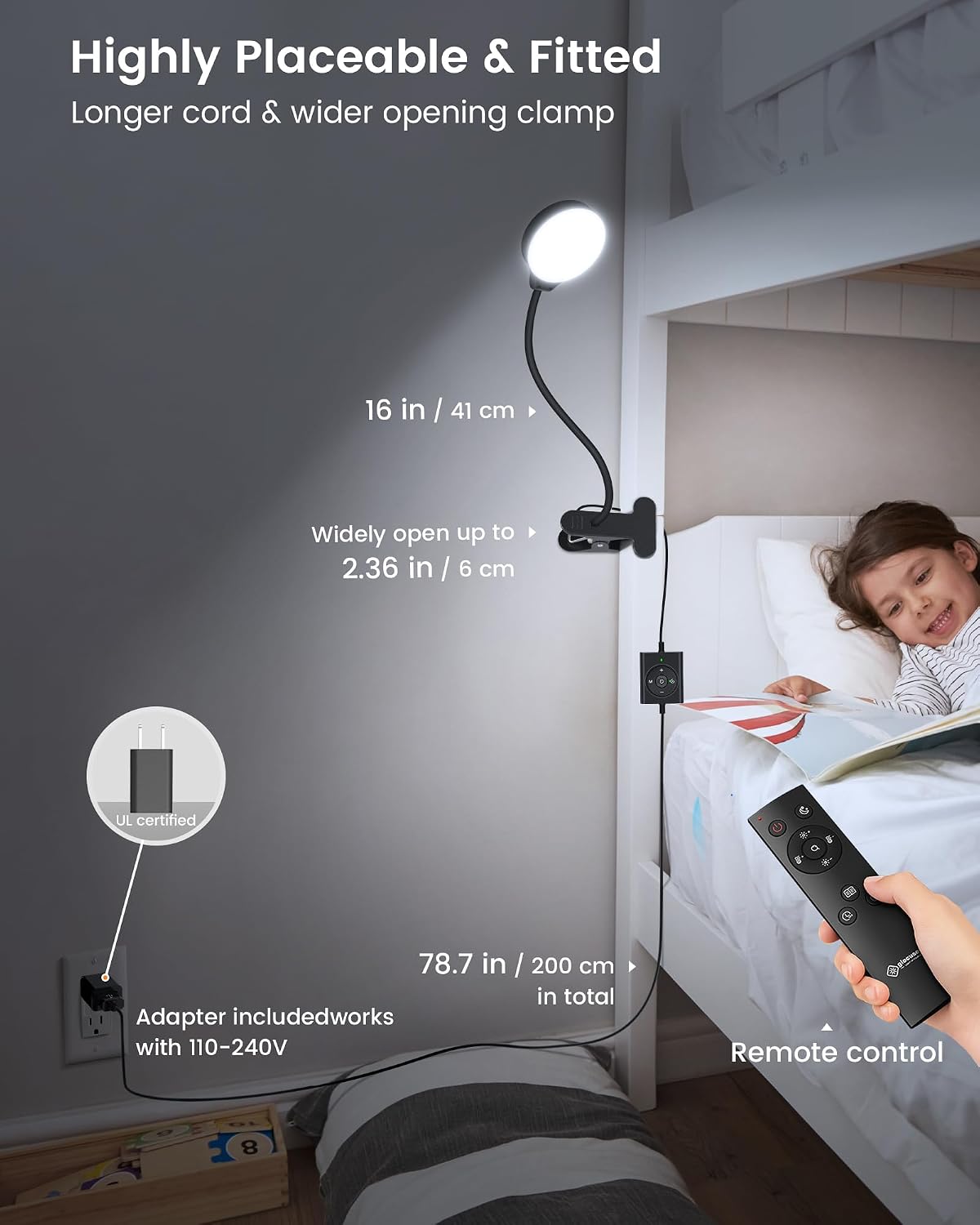 Detalle 2 de Glocusent GLCSNTBL201 5W Clip-On Reading Lamp with Remote, 3 Colors
