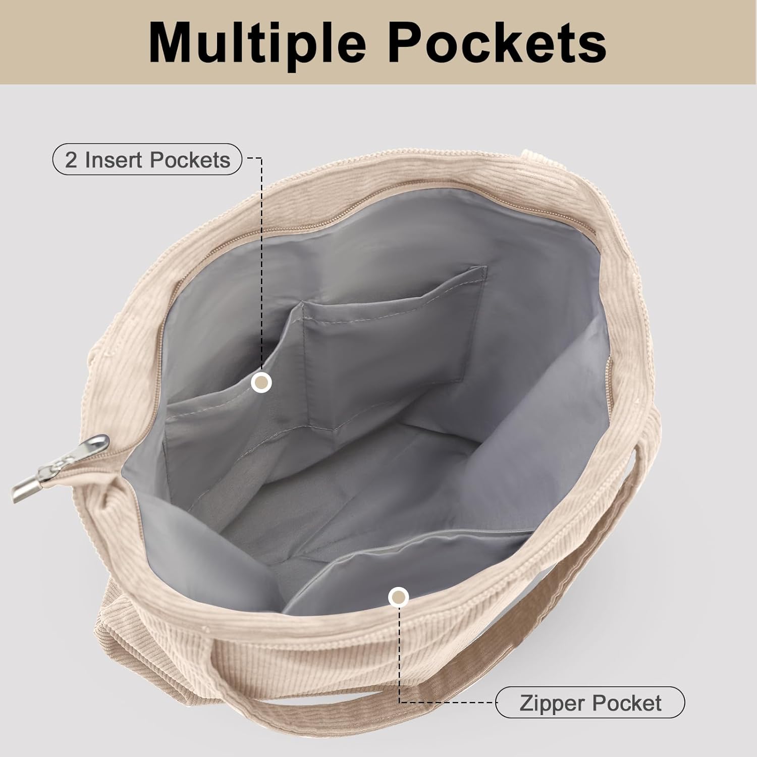 Detalle de CNMTCCO Cord Tasche Damen Umhängetasche: Große Shopper-Tote mit Reißverschluss aus Cord, Alltagstauglich und vielseitig