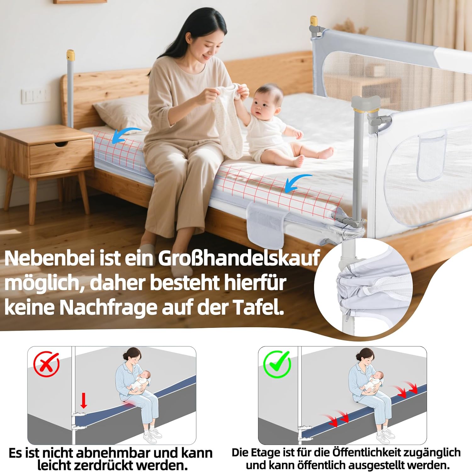 Detalle de OUUTMEE Bettschutzgitter 200 cm – Rausfallschutz für Kinder, klappbar, Höhenverstellbar, Grau-Weißes Blockmuster