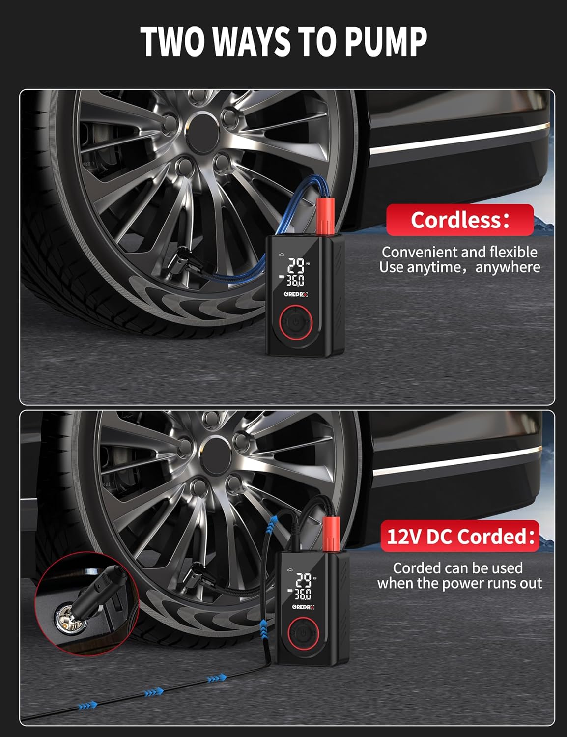 Detalle 2 de 150 PSI Rechargeable Tyre Inflator with 5000mAh Power Bank ⛽