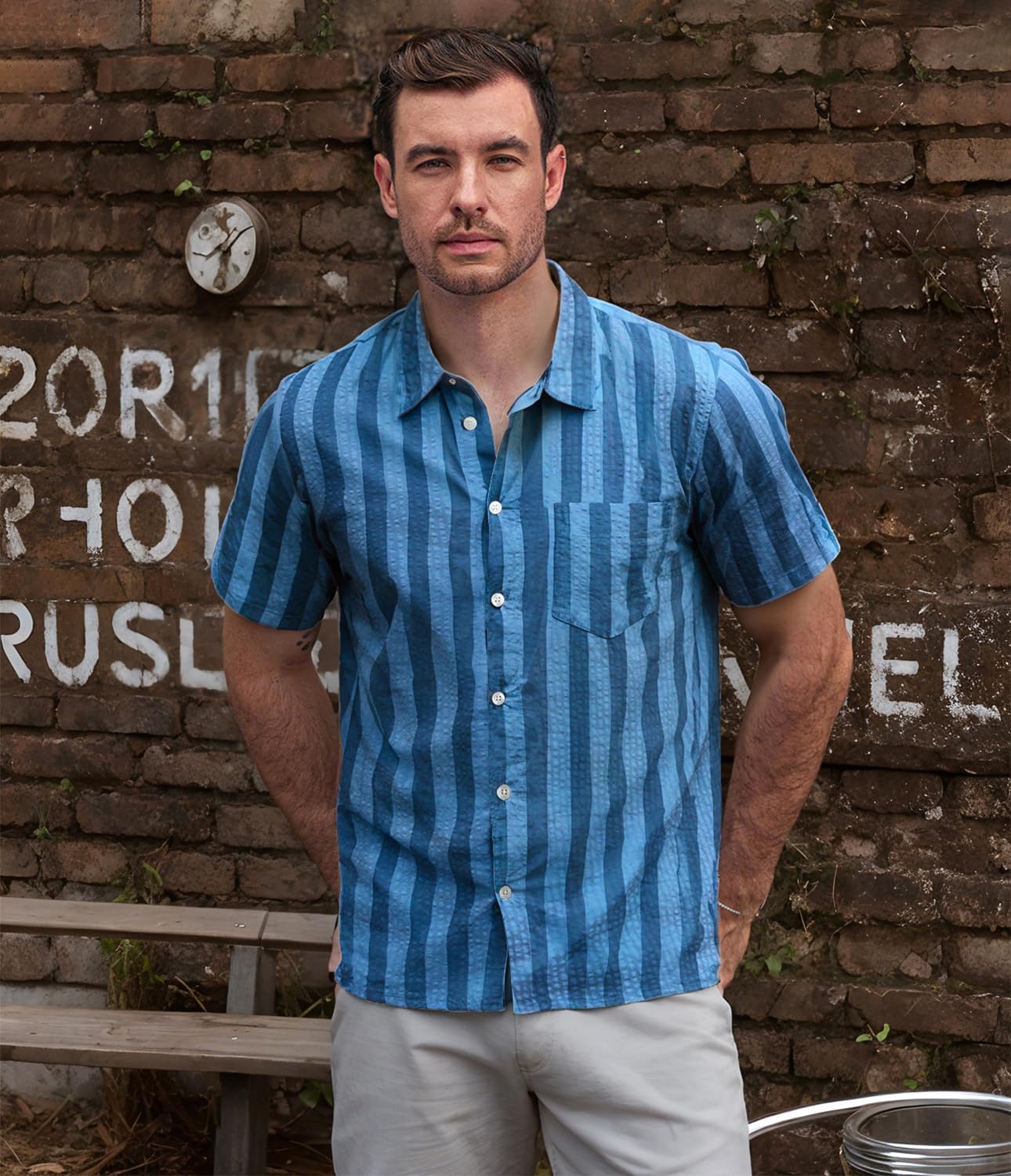 Detalle de VATPAVE 25803529650362 Men's Striped Seersucker Button-Down Shirt
