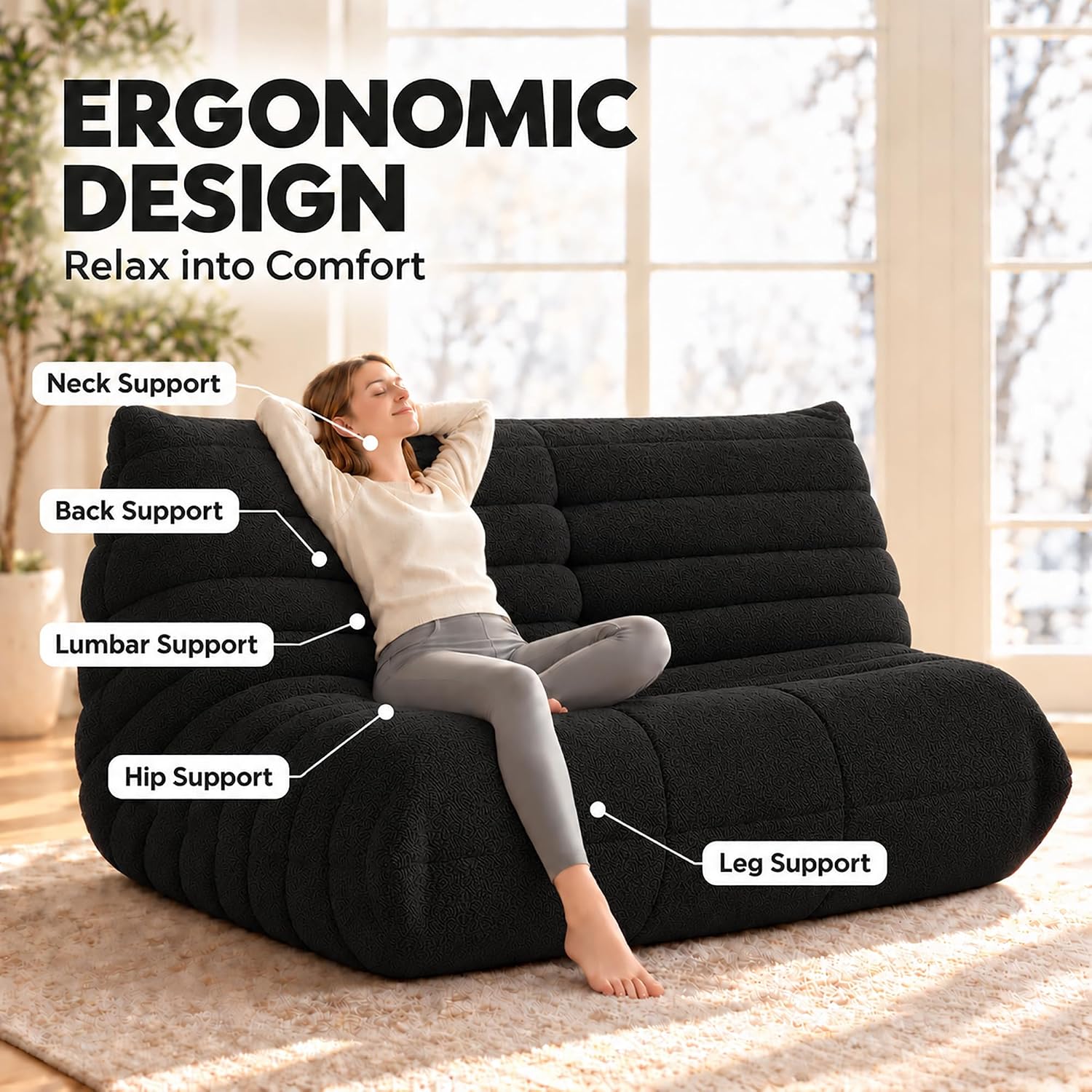 Thumbnail 4 de YVDNHP Bean Bag Chair 2-Seater Loveseat, Black Teddy Fabric, Memory Foam